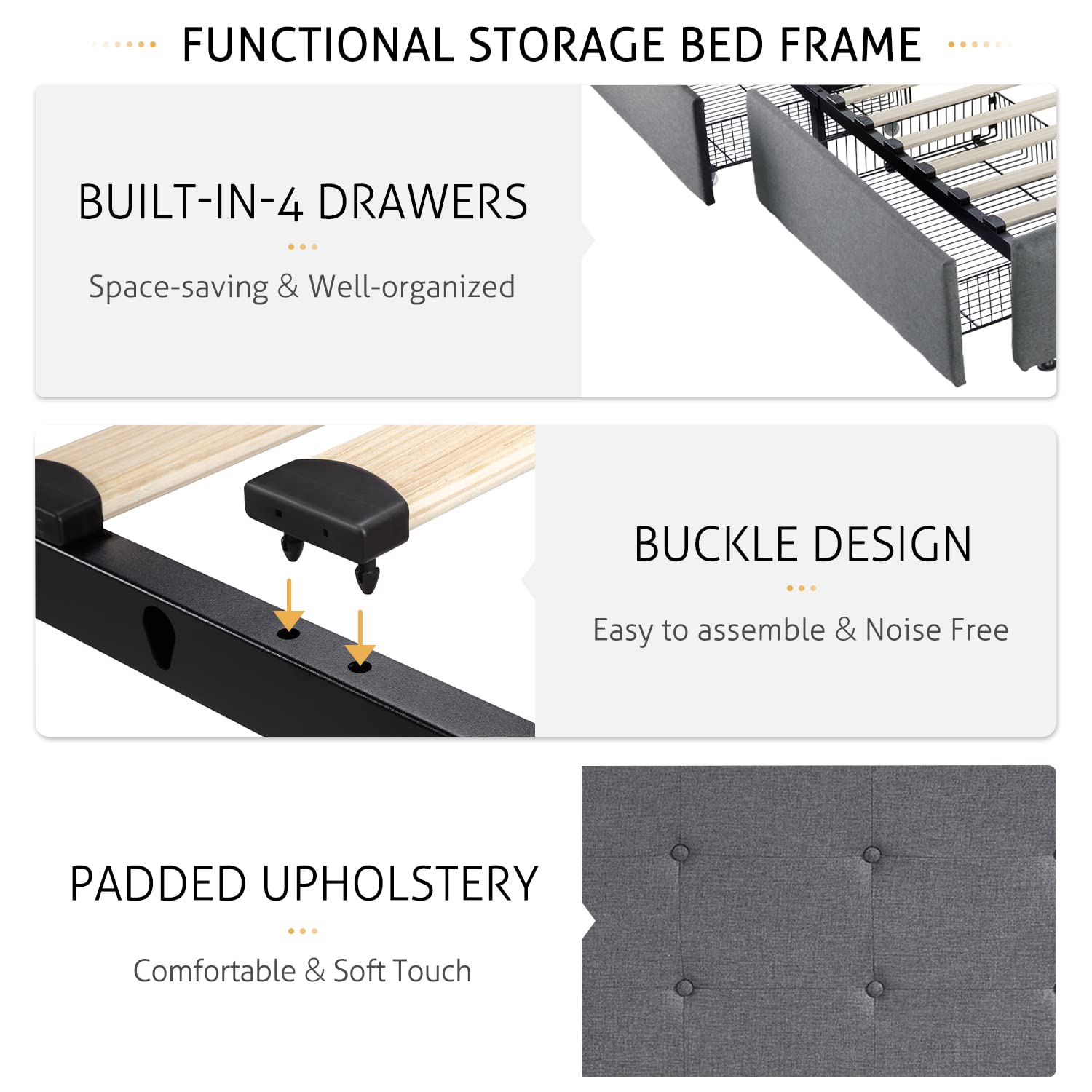 Full Size Platform Bed Frame with Storage Drawers & Adjustable Headboard - SHA CERLIN Upholstered Bed with Square Stitched Button Tufted Design, Wooden Slat Support, No Box Spring Needed in Light Grey - Perfect for Small Bedrooms, Guest Rooms & Space-Saving Storage Solutions