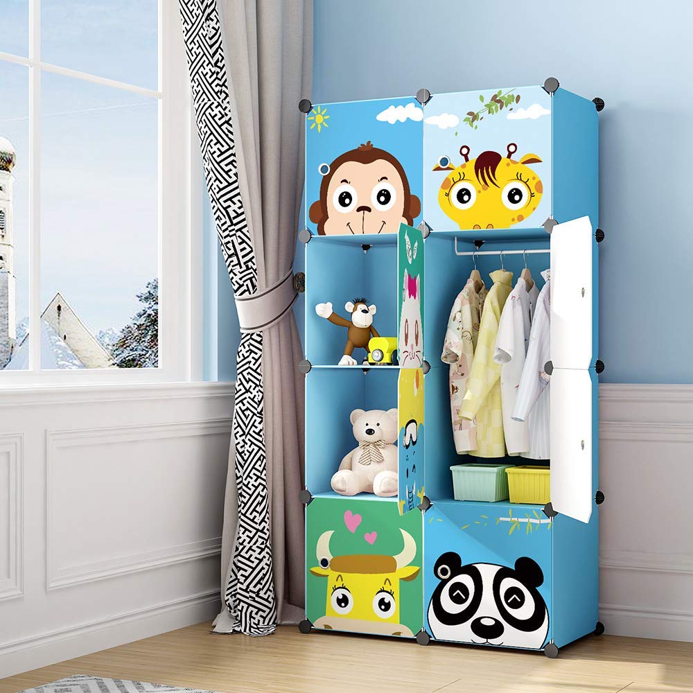 MAGINELS Kids Wardrobe - 6 Cube & 1 Hanging Section Portable Closet Organizer, Large Blue Dresser for Baby Clothes Storage | Nursery, Bedroom & Playroom Organization Solution