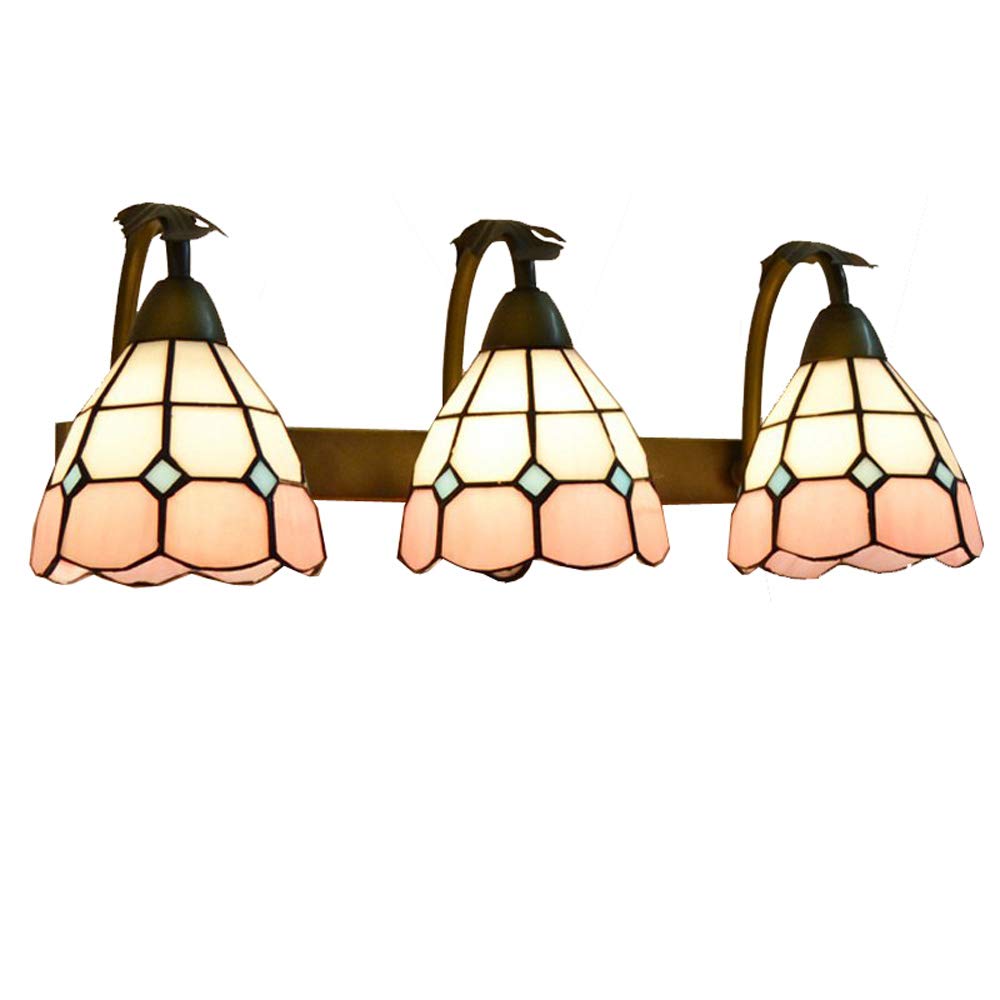 Tiffany Grid Glass Bathroom Wall Lamp - Mediterranean Style Wall Sconce with Metal Frame & Full Glass Shade - Pink 3-Light Fixture for Corridor, Hallway, Balcony & Vanity Lighting