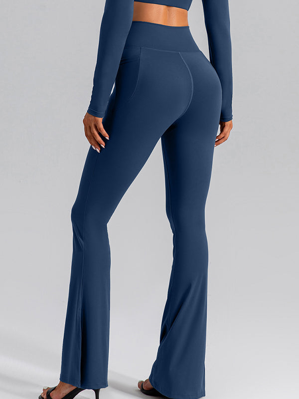 ZASUWA Women's High Waisted Flare Pants with V-Shape Waist & Side Pockets - Stretchy Solid Color Bootcut Trousers for Work, Office & Casual Outfits
