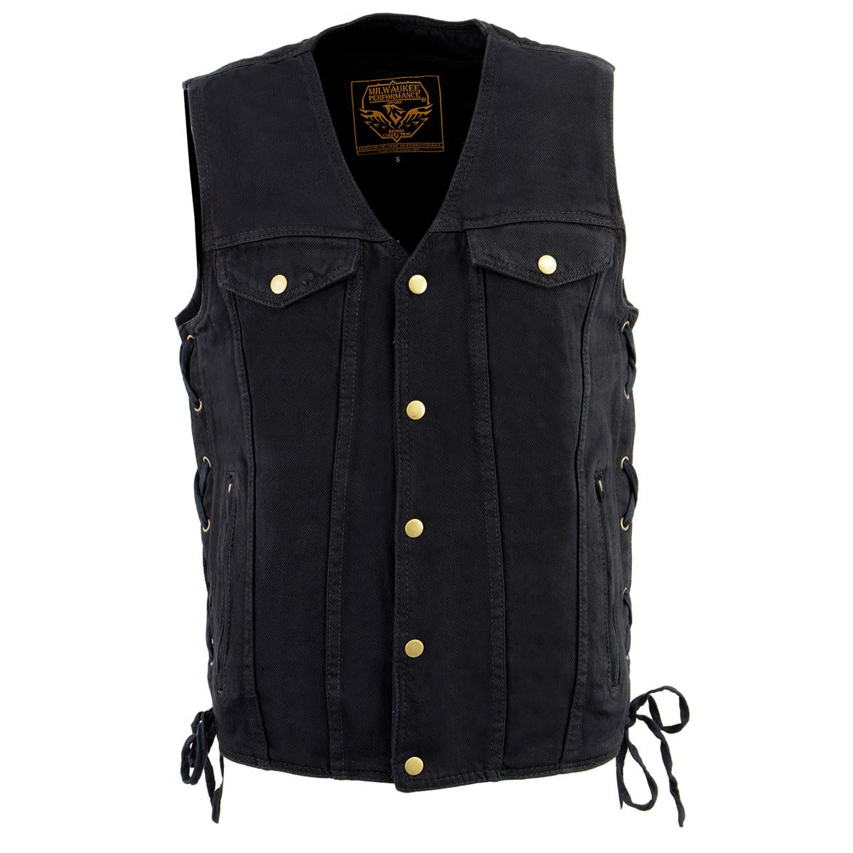 Milwaukee Leather DM1360 Men's Classic Black Denim Motorcycle Vest - Adjustable Side Laces, Large Size | Perfect for Biker Riders & Motorcycle Enthusiasts