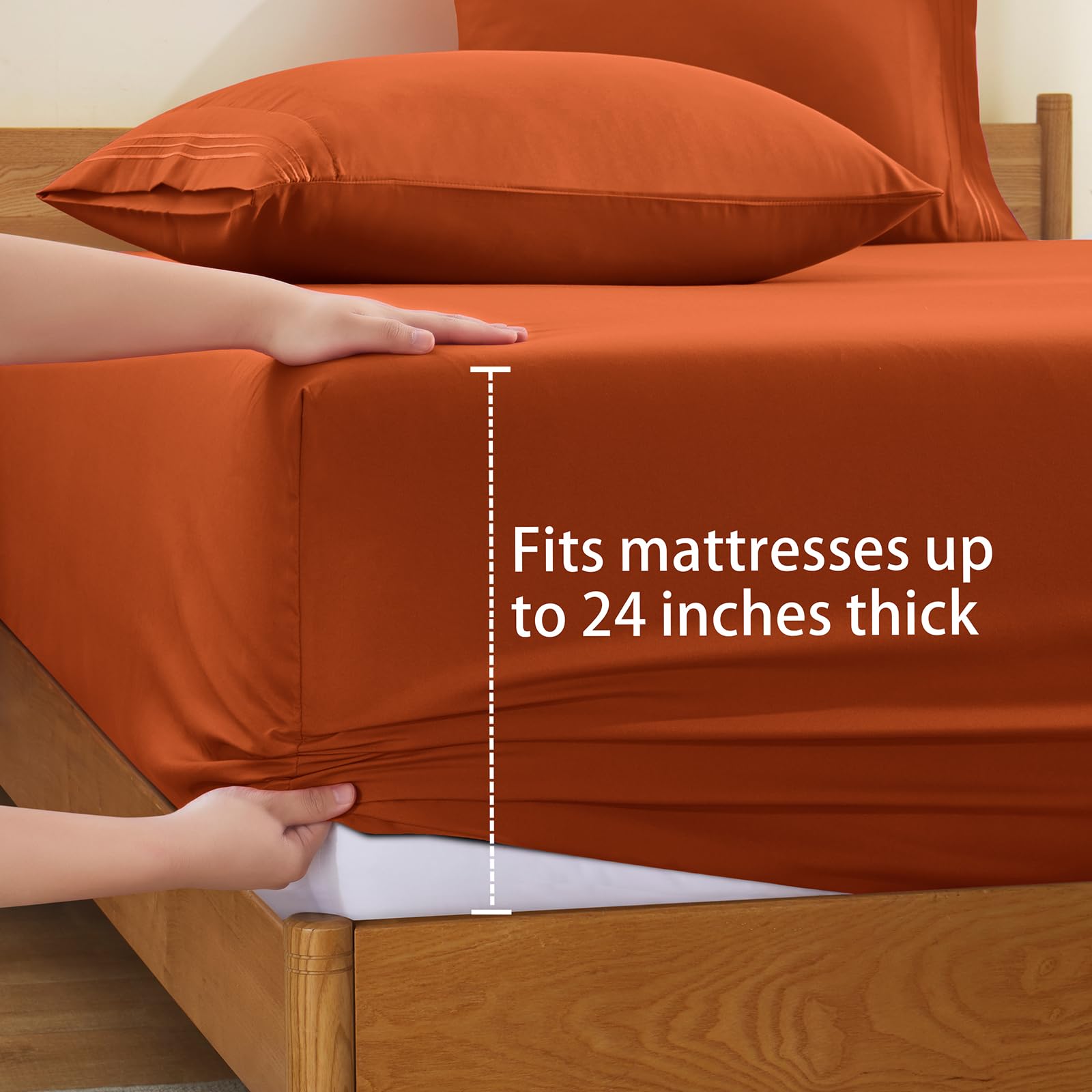SiinvdaBZX Extra Deep Pocket Full Sheets Set - 4 Piece Soft 1800 Thread Count Fitted Sheet with Side Pocket - Fits Mattress Up to 24 Inches Thick - Burnt Orange Deep Pocket Sheets for Air Mattress - Perfect for Guest Beds, Dorm Rooms & Camping Trips