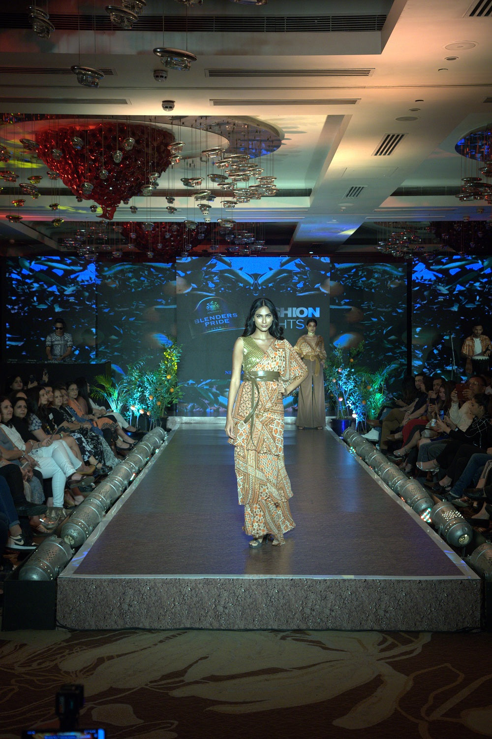 Stylish Tangerine Tribal Print Lurex Ruffle Saree with Matching Blouse - Perfect for Diwali, Weddings & Special Occasions