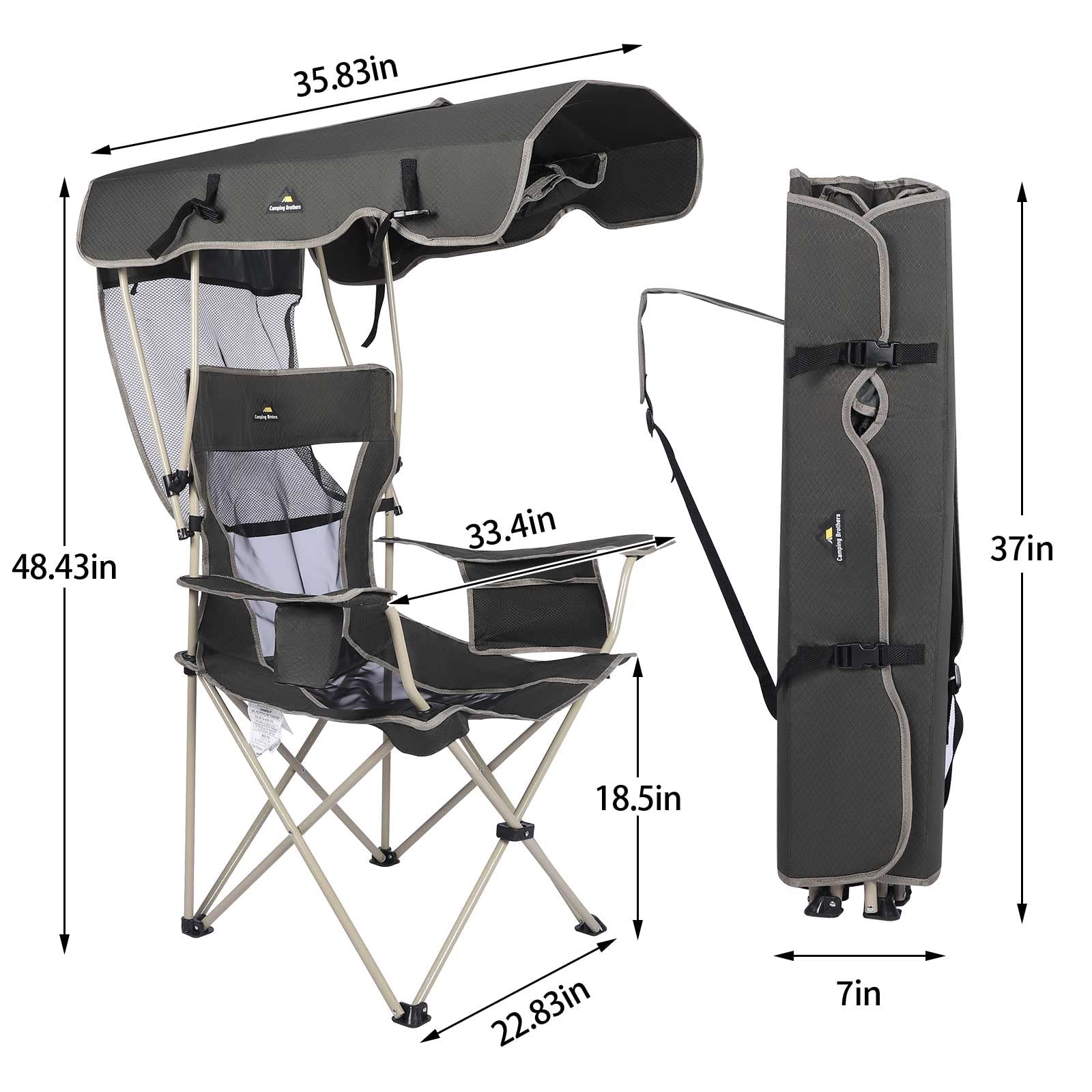 Premium Camping Chair with Full Sun Protection Canopy - Heavy Duty 330lbs Capacity Folding Outdoor Chair with Adjustable Shade, Cup Holder & Side Pockets - Perfect for Beach, Backyard, Picnic & Tailgating (Gray)
