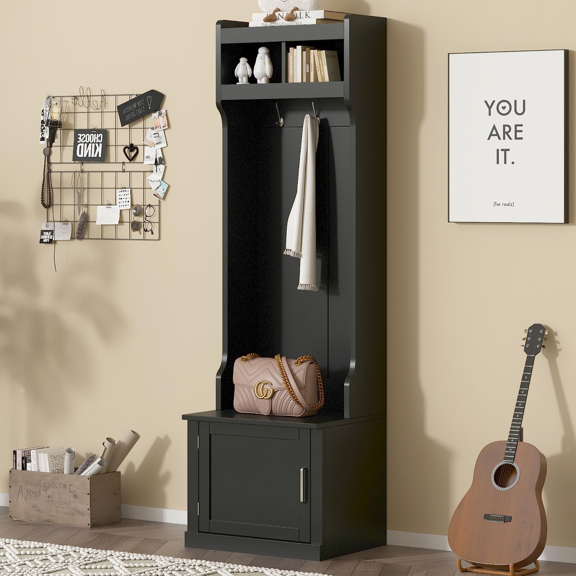 Merax Slim Hall Tree with Storage Bench & Shelves - Entryway Shoe Cabinet with Coat Hooks - Elegant Black Hallway Organizer for Shoes, Coats & Accessories - Perfect for Small Spaces, Apartments & Home Entryways