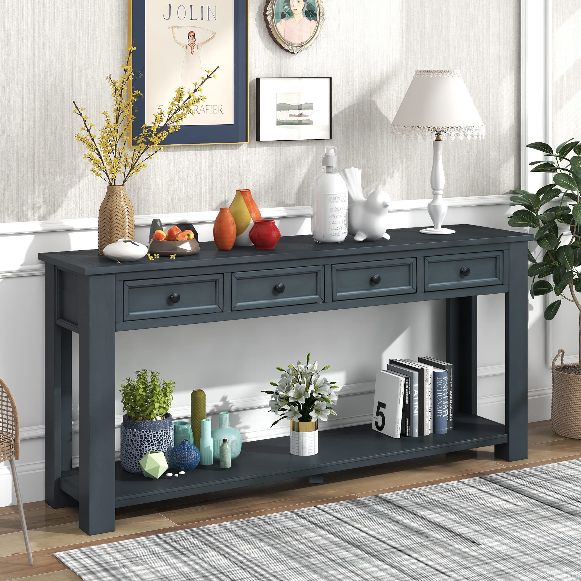 Modern Solid Wood Console Table with 4 Drawers & Shelf - Sturdy Entryway Sofa Table for Living Room, Bedroom, Hallway - Blue (2-Tone) - Perfect for Small Space Organization & Home Decor
