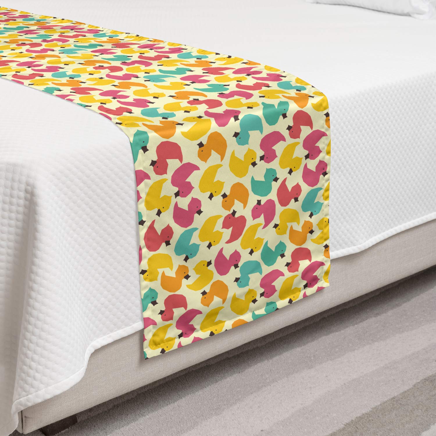 Ambesonne Cartoon Bed Runner - Colorful Rubber Duck Geometric Pattern on Plain Background, Decorative Bedding Scarf for Twin Beds | Perfect for Hotels, Homes & Guestrooms | Soft Accent Piece for Kids' Rooms & Nursery Decor