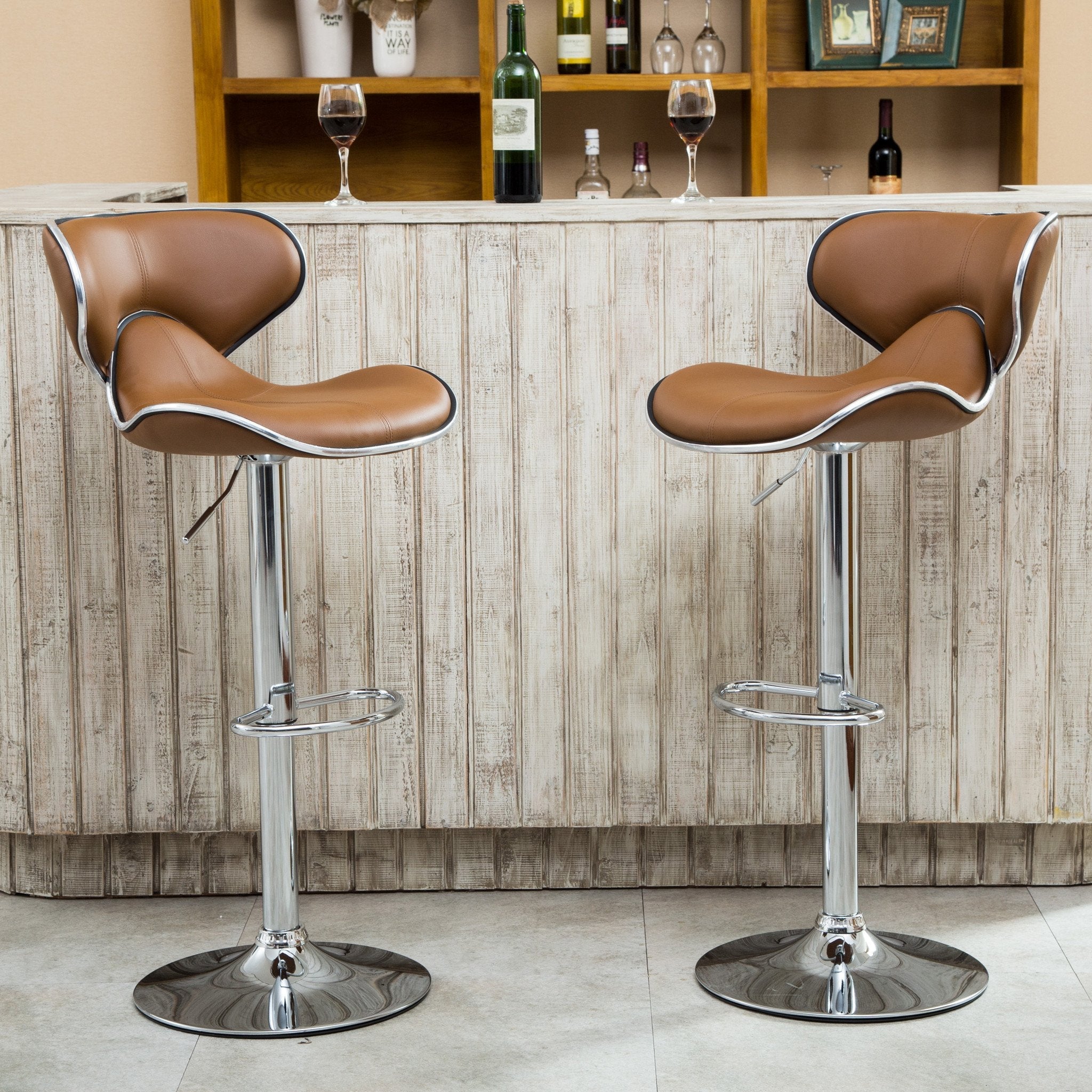 Roundhill Furniture Masaccio Adjustable Swivel Bar Stool - 2-Piece Set with Cushioned Leatherette Upholstery & Chrome Base in Caramel | Perfect for Kitchen Islands, Home Bars & Breakfast Nooks