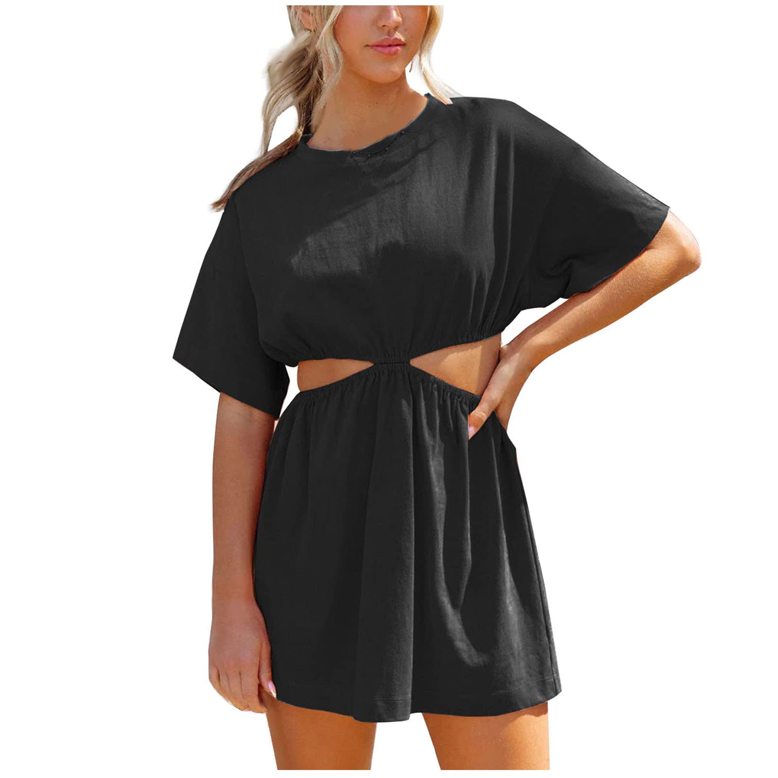 Sexy Summer Mini Dress for Women - Round Neck Hollow Out Short Sleeve Solid Dress - Perfect for Beach, Party & Date Night Outfits