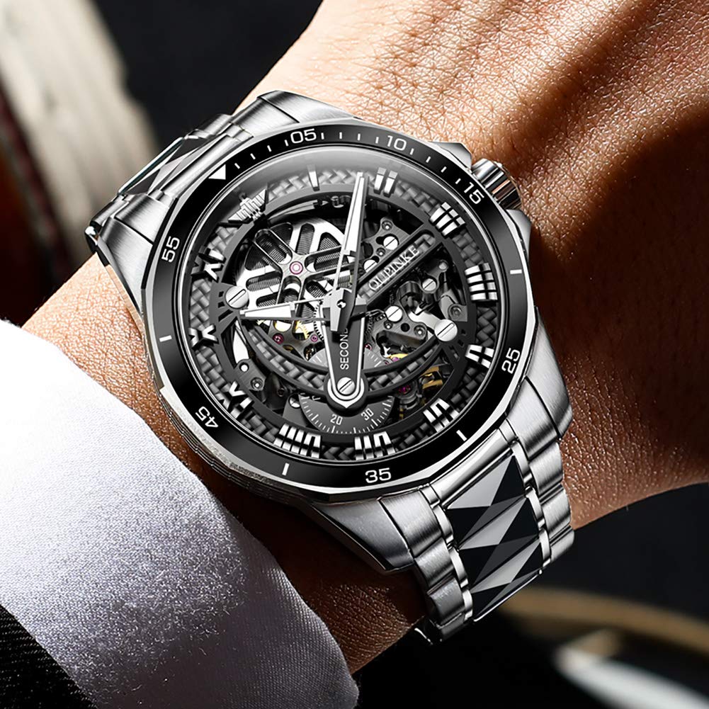 OLEVS Automatic Skeleton Men's Luxury Watch - Mechanical Self-Winding Movement, Sapphire Crystal, Tungsten Steel Case, 50M Waterproof, Luminous Hands - No Battery Needed - Perfect for Business, Formal Events & Daily Wear
