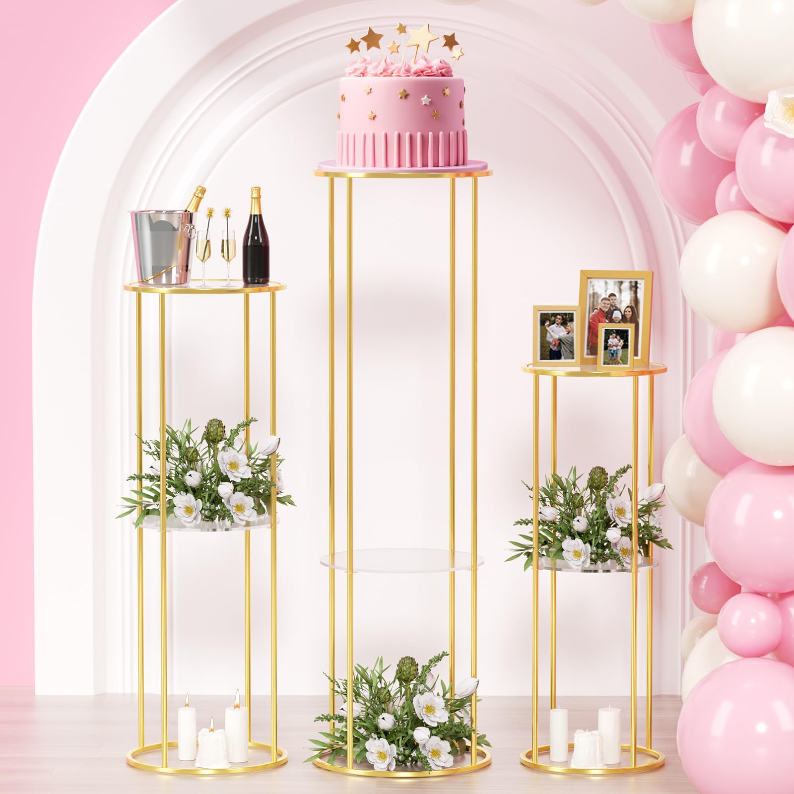 3-Piece Gold Metal Cylinder Stands for Party Display - Double Panel Round Pedestal Table, Plant Stand for Planter Flower - Perfect for Living Room Centerpieces, Wedding Decor & Event Displays
