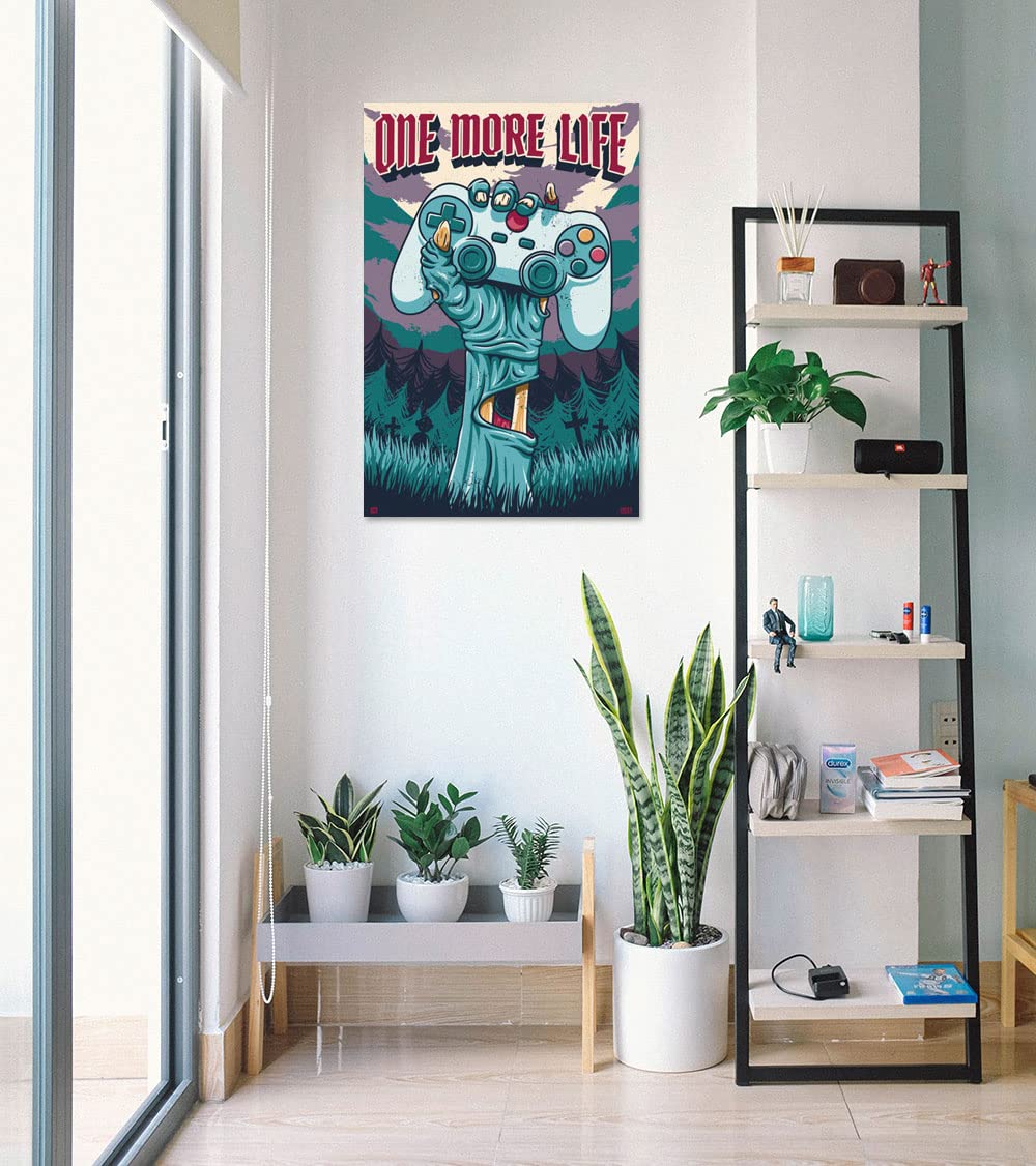 One More Life Gaming Poster - Zombie Gamer Hand Holding Console Controller 24x36 Inch - Premium Poster & Hanging Strip Set for Gamers Room Decor, Man Cave, or Gaming Lounge Wall Art