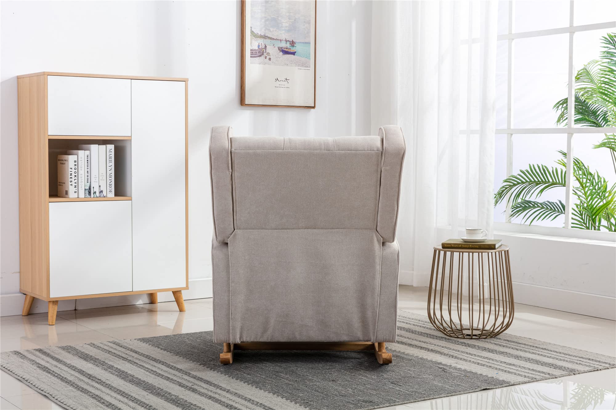 Mid Century Modern Accent Chair - Beige Upholstered Rocking Chair with Solid Wood Base for Living Room, Nursery & Baby Room | Oversized Wingback Armchair for Relaxing, Nursing & Home Decor
