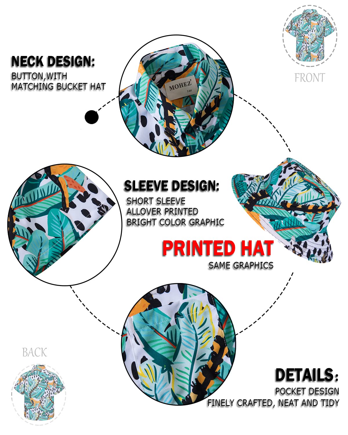Hawaiian Shirt and Shorts Set for Boys - 2 Piece Summer Outfit with Bucket Hat | Tropical Vacation, Beach Party, and Casual Wear for Kids