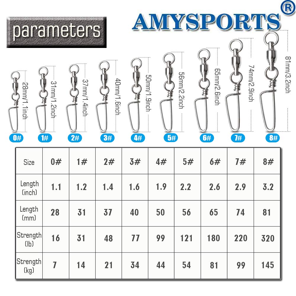 AMYSPORTS High Strength Fishing Snap Swivels with Ball Bearing - Stainless Steel Saltwater Corrosion Resistant Barrel Swivels for Freshwater & Saltwater Fishing - Ideal for Bass, Trout, and Deep Sea Angling
