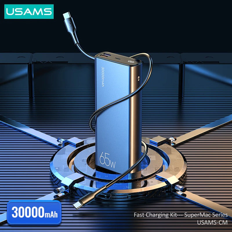 USAMS 30000mAh 65W PD Fast Charging Power Bank with 100W USB-C Cable - Portable Charger for Laptop, iPhone, Samsung, MacBook, Travel & Outdoor Camping