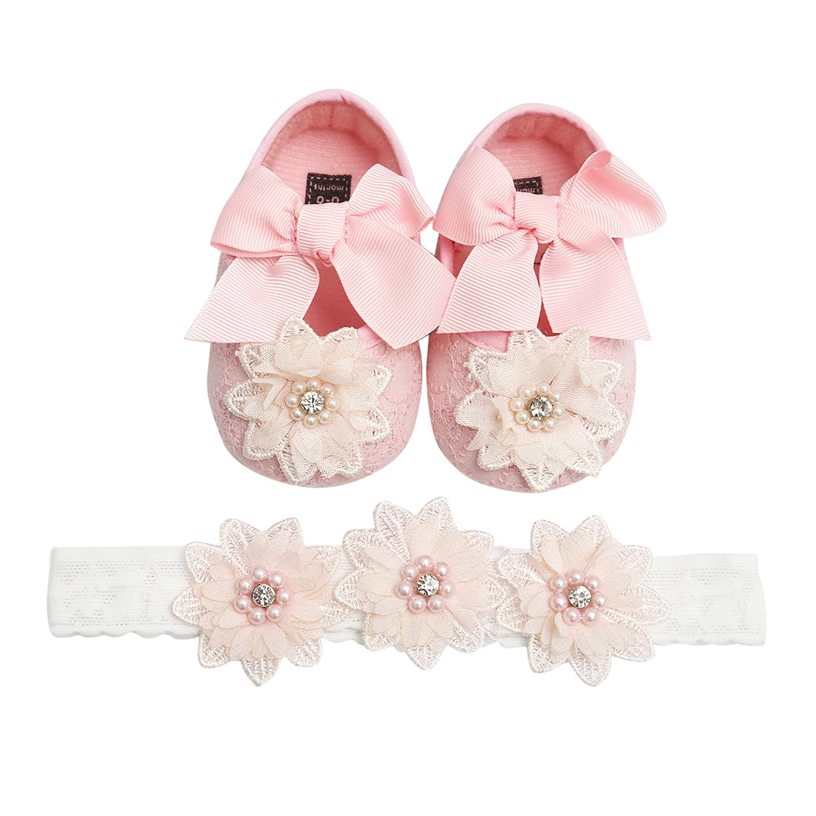 Baby Girls Princess Dress Shoes & Headband Set - Soft Cloth Toddler Prewalker Shoes with Flower Design in Pink | Perfect for First Steps, Special Occasions & Photo Shoots