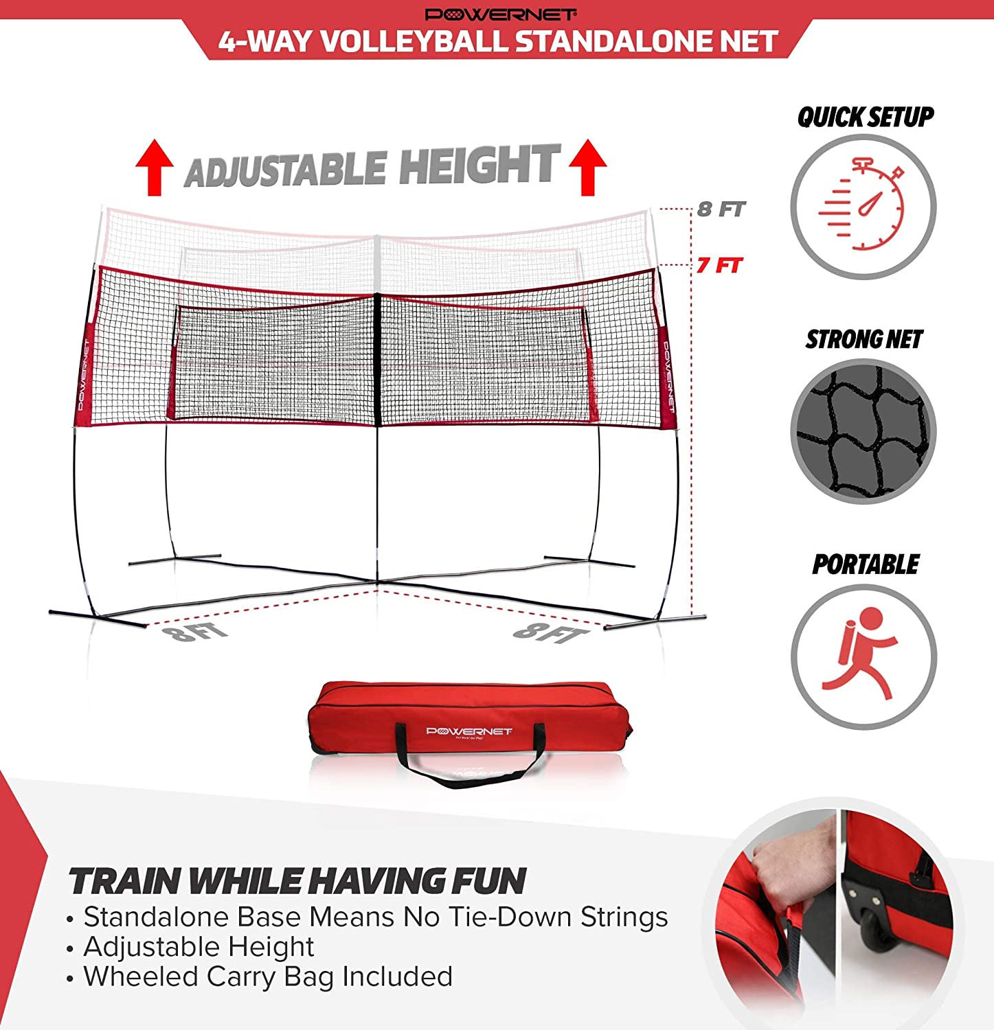PowerNet Four Square Volleyball Net Standalone Unit - Portable Outdoor Volleyball Net System for Backyard, Beach, Park & Camping Games - Perfect for Family Fun & Sports Training