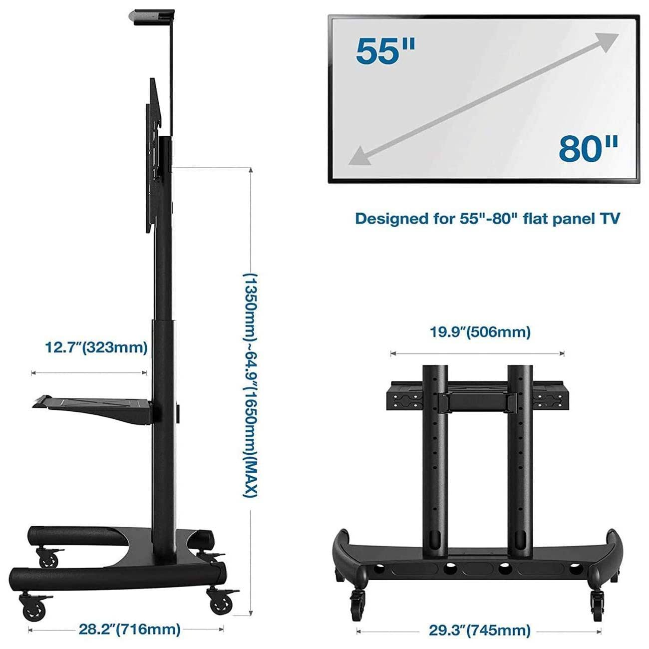Heavy-Duty Rolling TV Stand for 55-85 Inch Screens - Mobile TV Cart with Wheels Supports 200 lbs for LCD/LED/OLED/Plasma Flat & Curved TVs - Adjustable Height AV Shelf & Camera Tray - Perfect for Living Rooms, Home Theaters, and Studio Setups