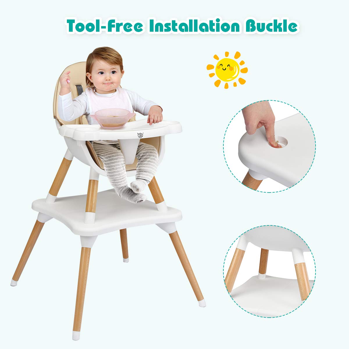 HONEY JOY 5-in-1 Convertible Wooden High Chair for Babies & Toddlers - Adjustable Feeding Tray, Safety Harness, Convertible to Table & Chair Set (Khaki) - Perfect for Dining, Learning & Playtime at Home