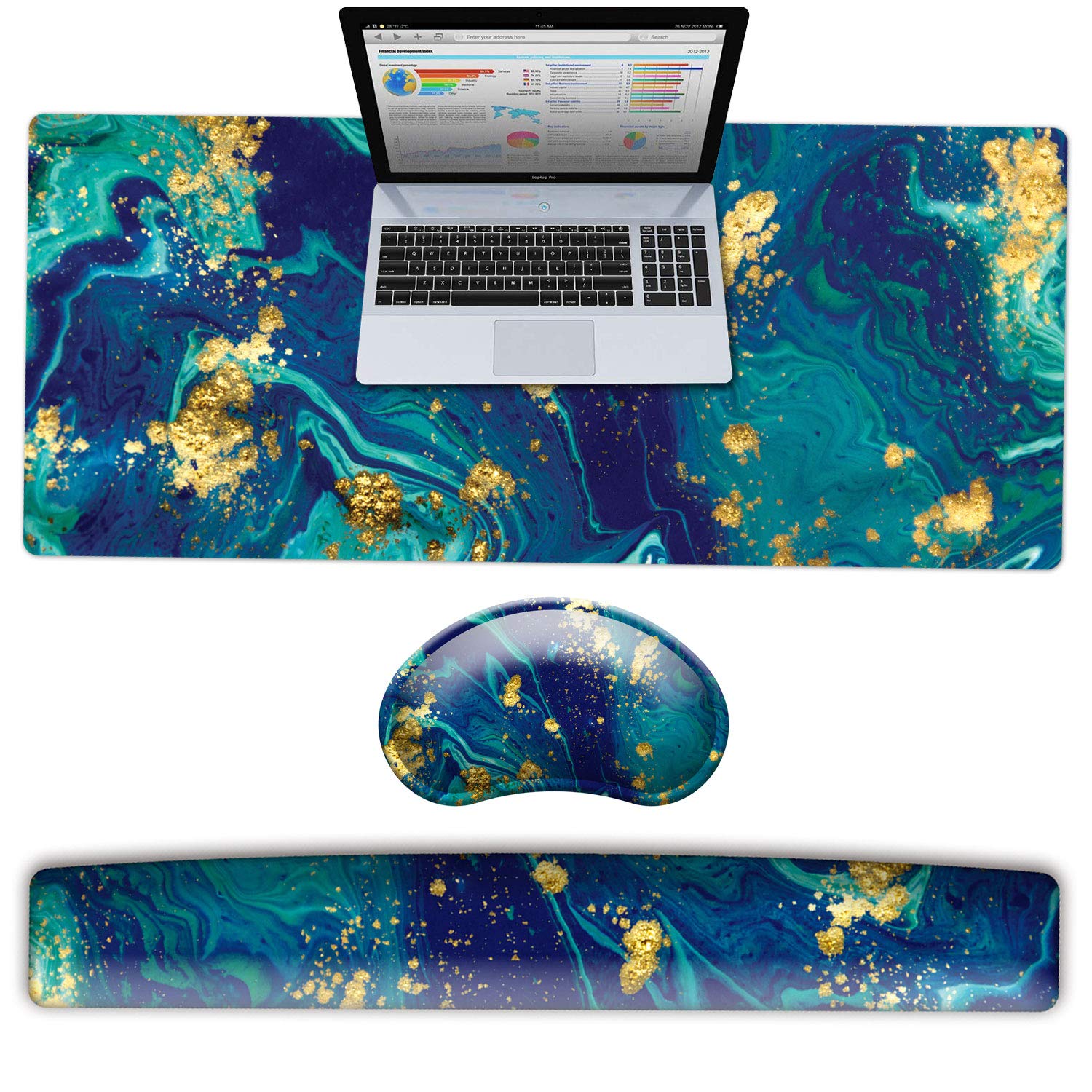 Premium French KOKO Large Mouse Pad & Keyboard Wrist Rest Set - XL Desk Mat with Comfort Gel Memory Foam for Office & Gaming - Cute Marble Design for Women & Girls - Protects Desks & Supports Wrists - Perfect for Work, Gaming & Home Office Setup