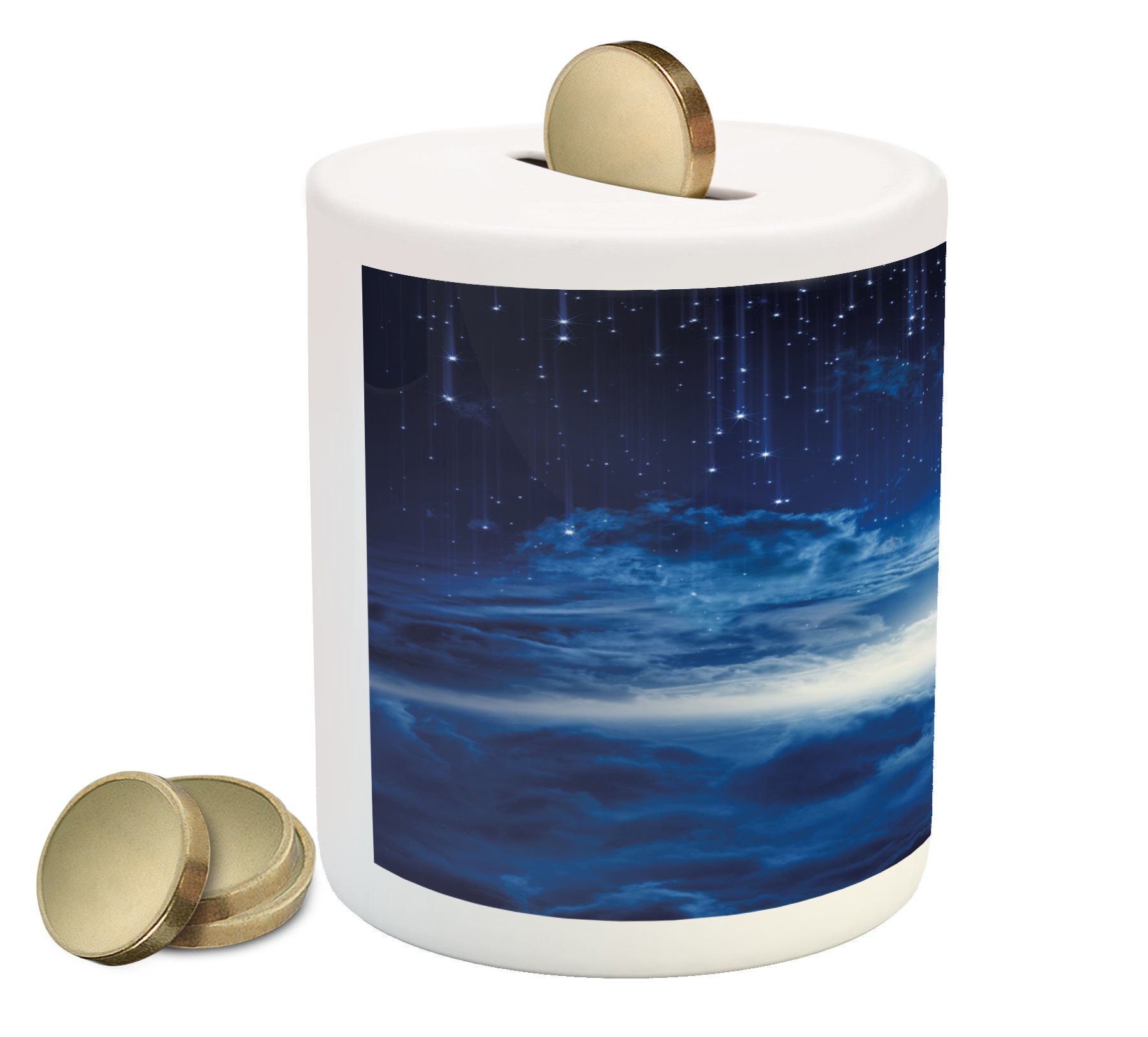 Ambesonne Ceramic Piggy Bank with Majestic Galaxy & Falling Stars Design - Navy Blue, White, Indigo Coin Bank for Saving Money | Perfect for Kids' Savings, Home Decor & Gift Ideas