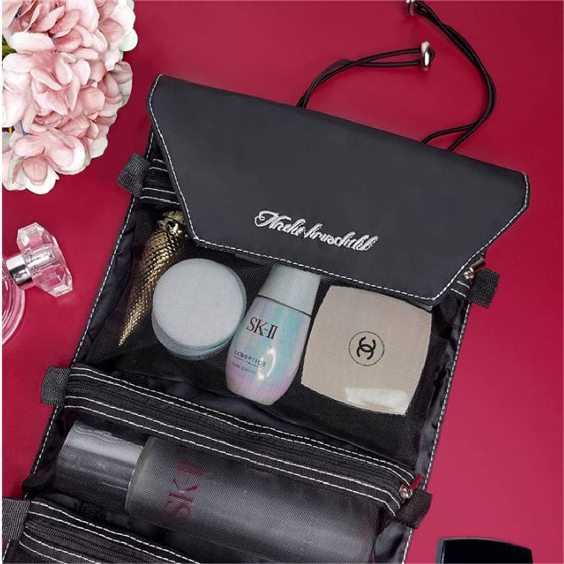 Large Waterproof Hanging Makeup Bag - Detachable Folding Travel Cosmetic Organizer with Separate Compartments for Toiletries (Black) | Perfect for Travel, Gym, Camping & Daily Storage