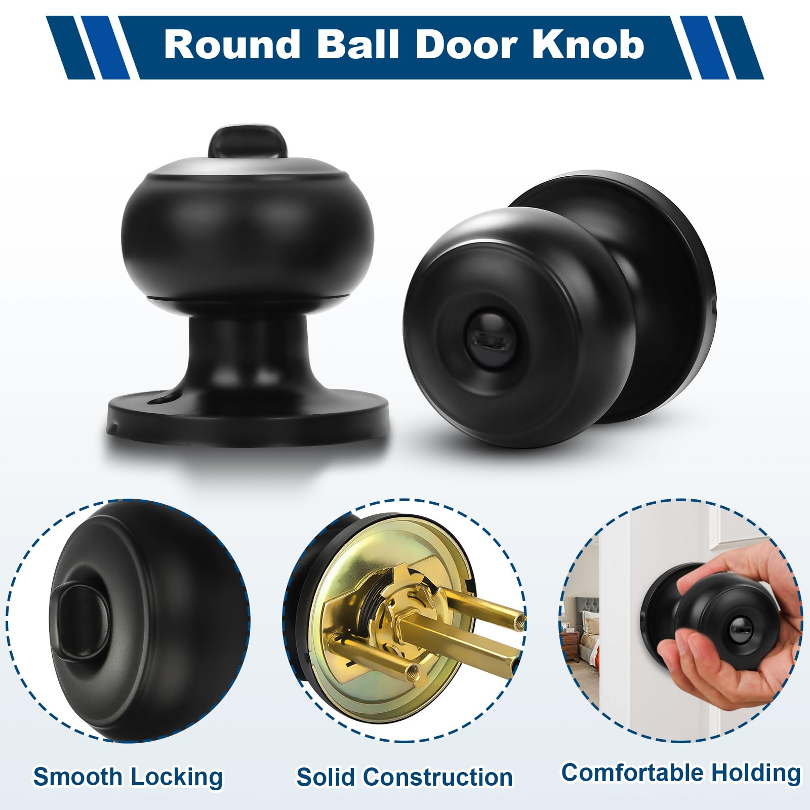 5 Pack Black Privacy Door Knobs - Keyless Interior Door Handles for Bedroom & Bathroom - Easy Install for Left/Right Doors