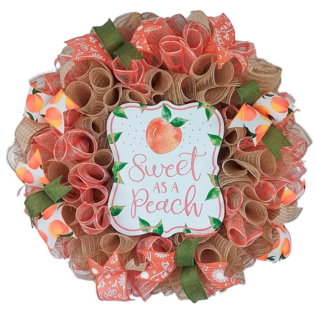 Peach Summer Wreath - Orange Spring Welcome Decor - Moss Green Burlap Front Porch Wreath for Seasonal Home Decor | Perfect for Front Door, Porch, and Seasonal Party Decorations