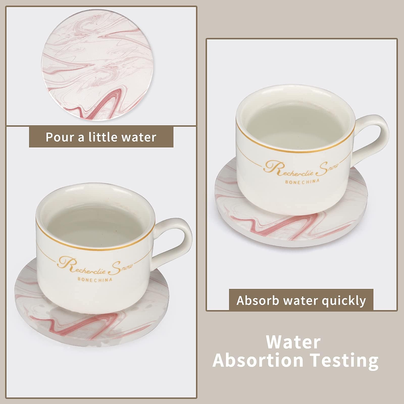 Pink Marble Coasters Set of 6 - Absorbent Ceramic Drink Coasters with Holder for Coffee, Tea & Beverages - Elegant Home Decor for Kitchen, Bar, Office & Dining Table - Perfect Gift Idea for Housewarming & Hostess
