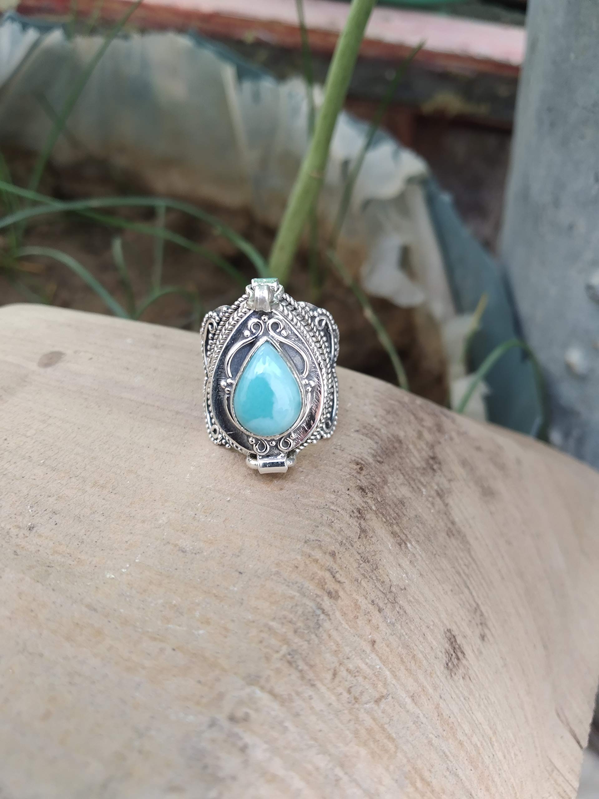 Larimar Poison Ring - Handmade 925 Sterling Silver Vintage Style Openable Secret Box Ring | Unique Mother's Day Gift for Women & Men | Perfect for Jewelry Collections, Special Occasions & Surprise Gifts