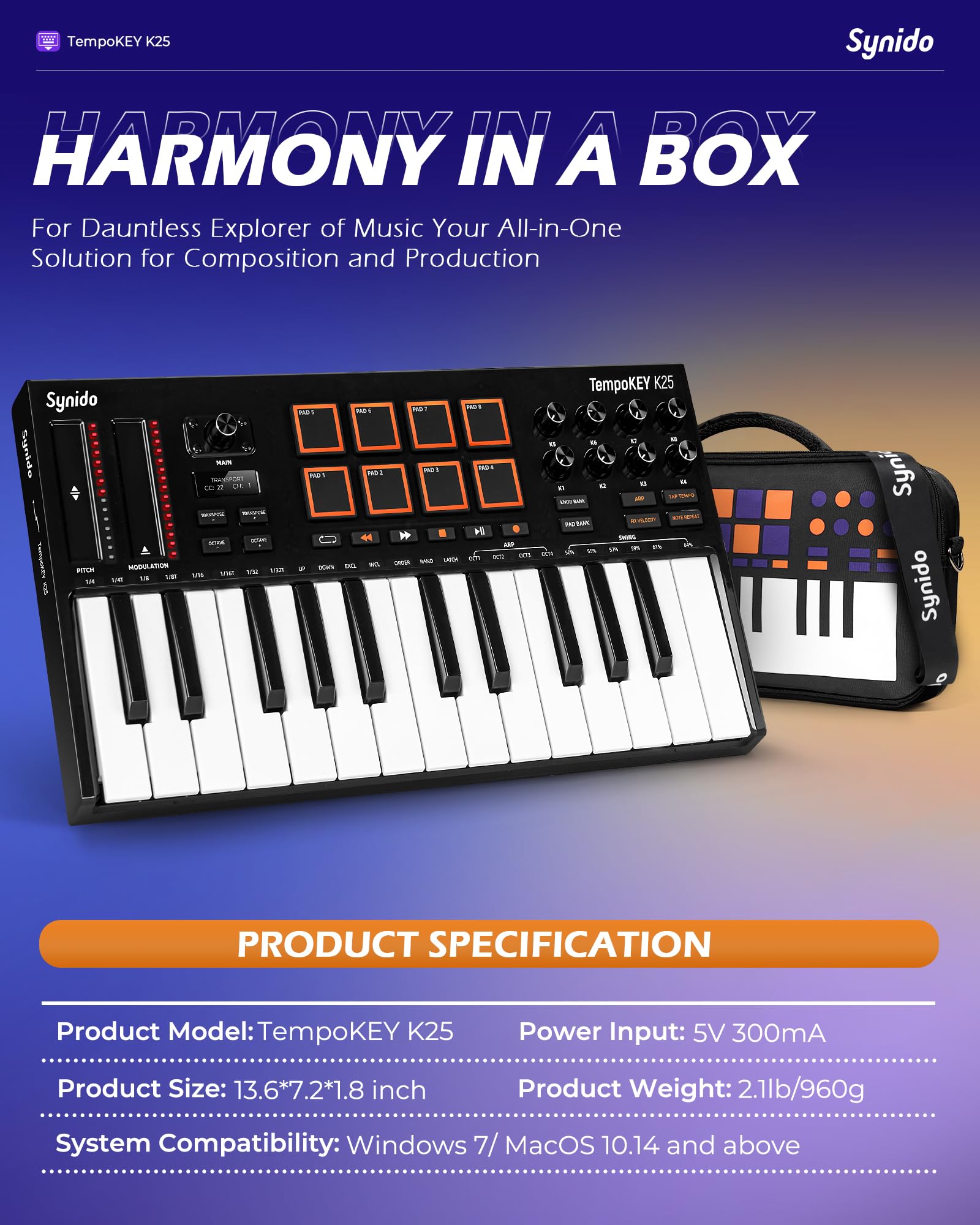 TempoKEY K25 - 25 Key USB C MIDI Keyboard Controller with Drum Pads, Velocity-sensitive Full-size Keys & OLED Screen | Portable Beat Maker for Music Production (Black) | Perfect for Home Studios, Live Performances & Electronic Music Creation