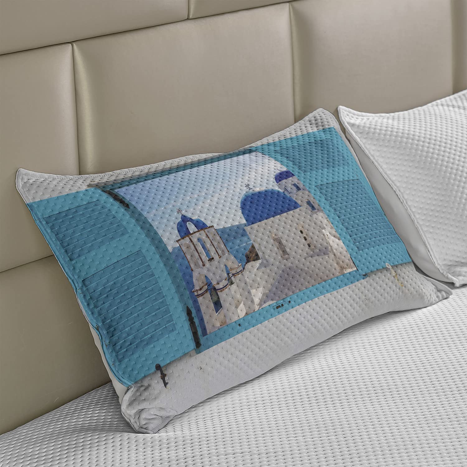 Ambesonne Landscape Knitted Quilt Pillow Cover - Window View of Classical Building Domes in Oia Santorini Greece - Standard Queen Size 30