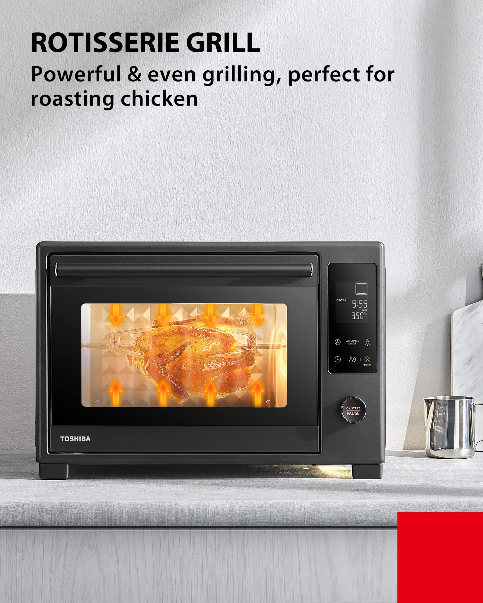 TOSHIBA 34QT/32L Large Convection Toaster Oven - 9-in-1 Countertop Oven with Rotisserie, Dehydrator & Crispy Roast Function | 1650W Black Stainless Steel Toaster Oven | Perfect for Baking, Roasting, Broiling & Meal Prep in Small Kitchens