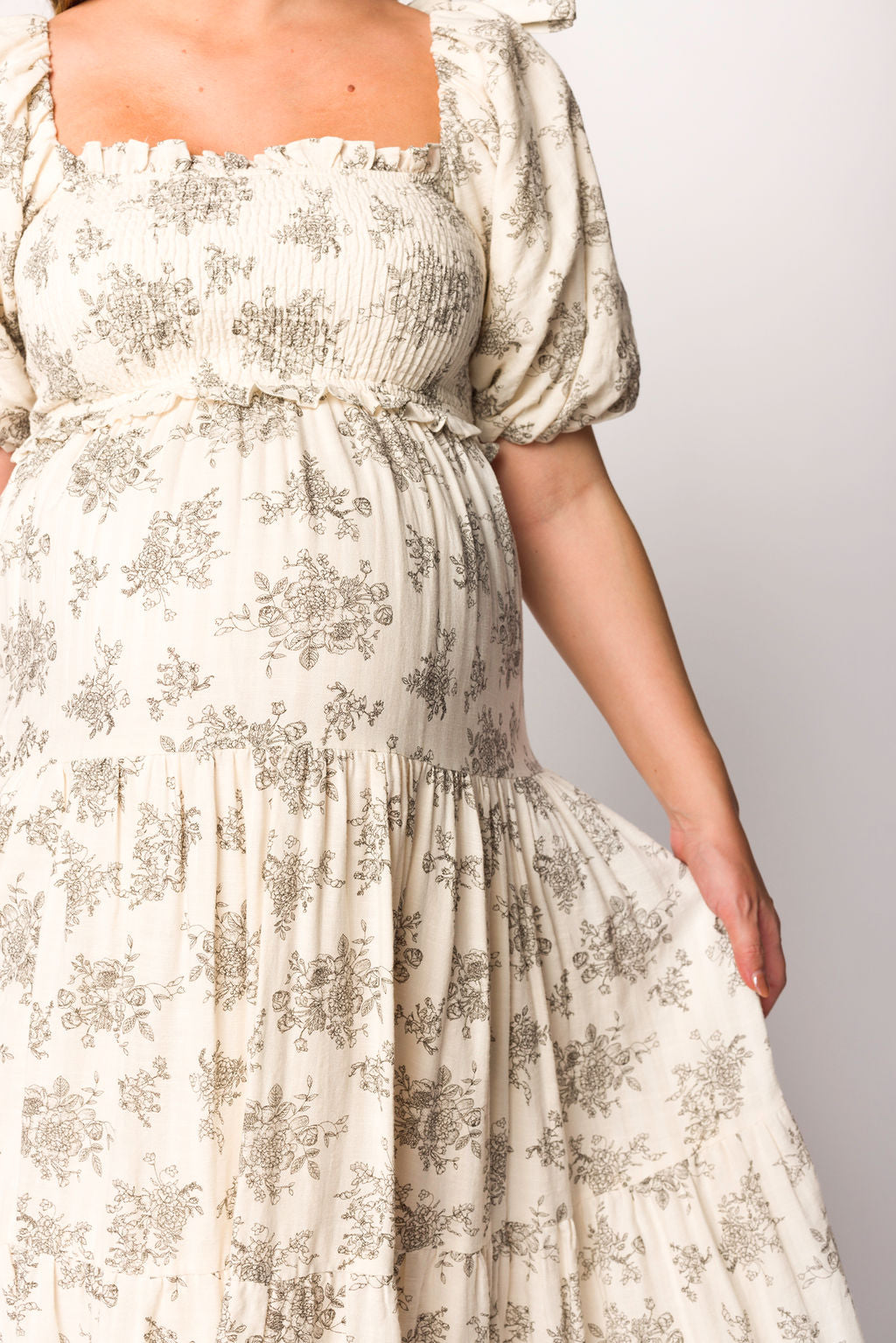 Elena Floral Toile Print Smocked Maternity Midi Dress in Ivory - Bump Friendly Summer Dress for Baby Shower, Brunch & Special Occasions