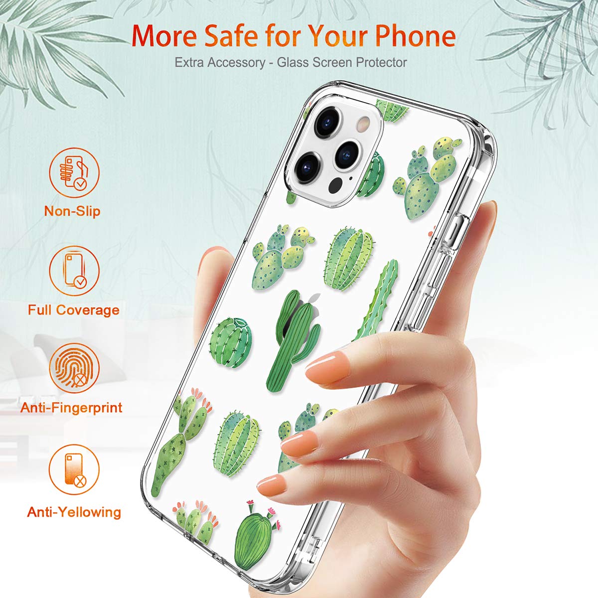GiiKa iPhone 12 Pro Max Case with Screen Protector - Clear Shockproof Floral Design Hard Case with TPU Bumper - Protective Phone Cover for Women & Girls (Green Cactus) - Perfect for Everyday Use, Travel & Outdoor Activities