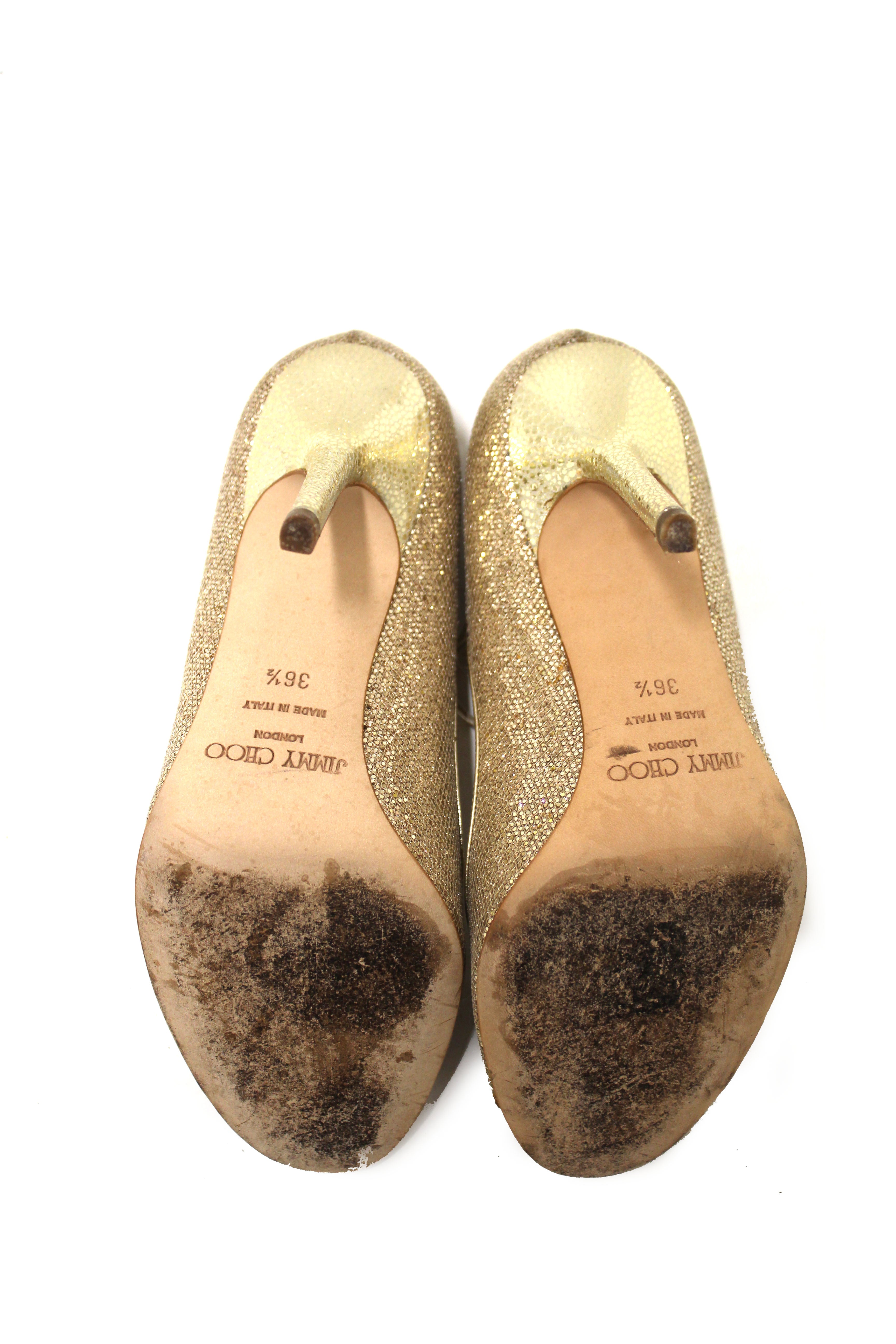 Authentic Jimmy Choo Champagne Gold Glitter Fabric Pump Heel Sandals Women's Size 36.5 - Perfect for Evening Parties, Weddings & Special Occasions
