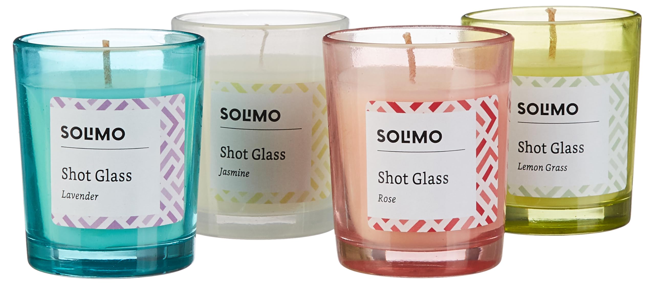 Solimo Scented Shot Glass Candles - Smokeless, No Residue, 10 Hours Burn Time (Set of 4: Lavender, Lemongrass, Rose, Jasmine) - Perfect for Home Decor, Relaxation, Gifts & Party Favors