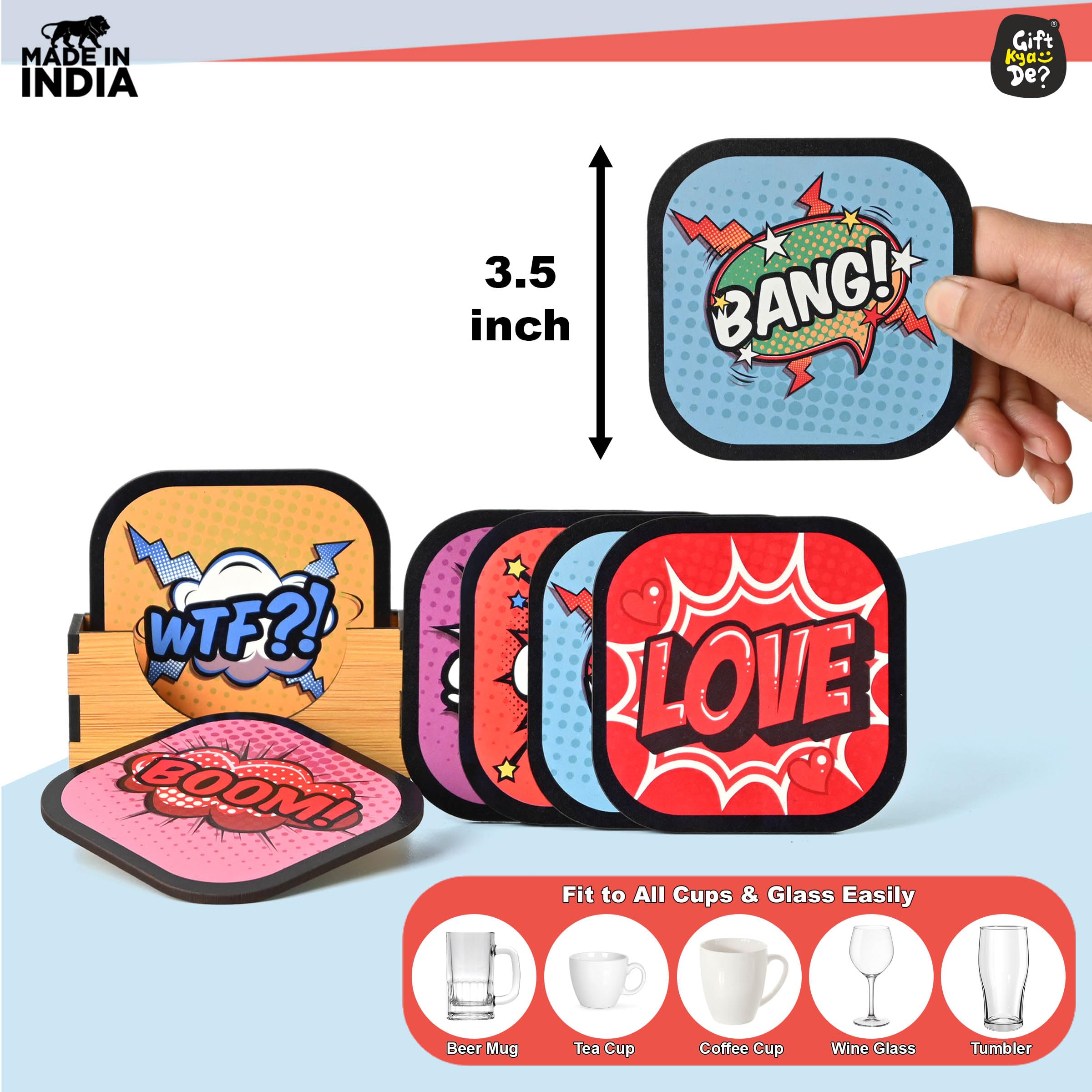 GKD Set of 6 Funky Wooden Coasters for Coffee, Tea & Drinks - 3.8x3.8 Inch Eco-Friendly Absorbent Coasters with Unique Designs - Perfect for Home, Office & Restaurant Use