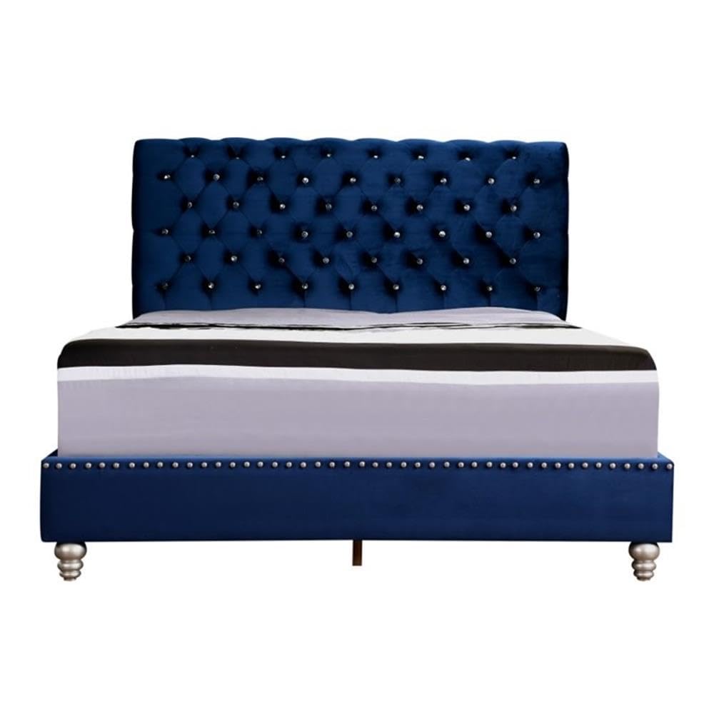 Glory Furniture Maxx Velvet Upholstered Full Size Bed Frame in Navy Blue - Luxurious Bedroom Furniture for Master Bedroom or Guest Room