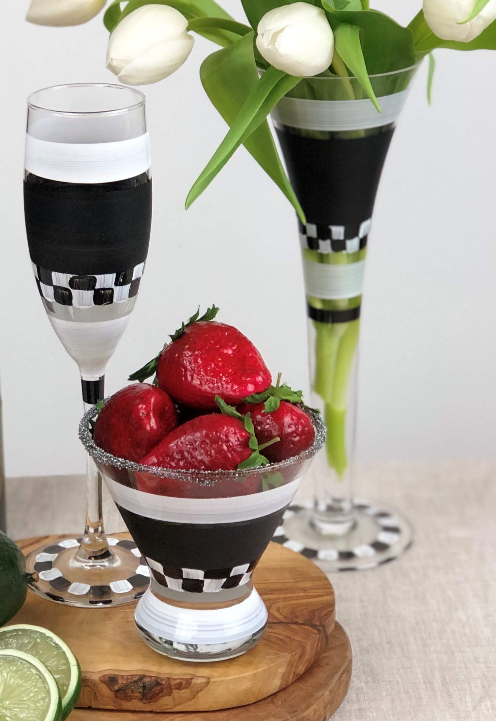 Hand Painted Cosmopolitan Glasses Set of 2 - Black & White Checkered Chalkboard Design - Unique Artisan Glassware by USA Artists - Customizable with Chalk - Perfect for Home Bar, Wedding Gifts & Party Decor