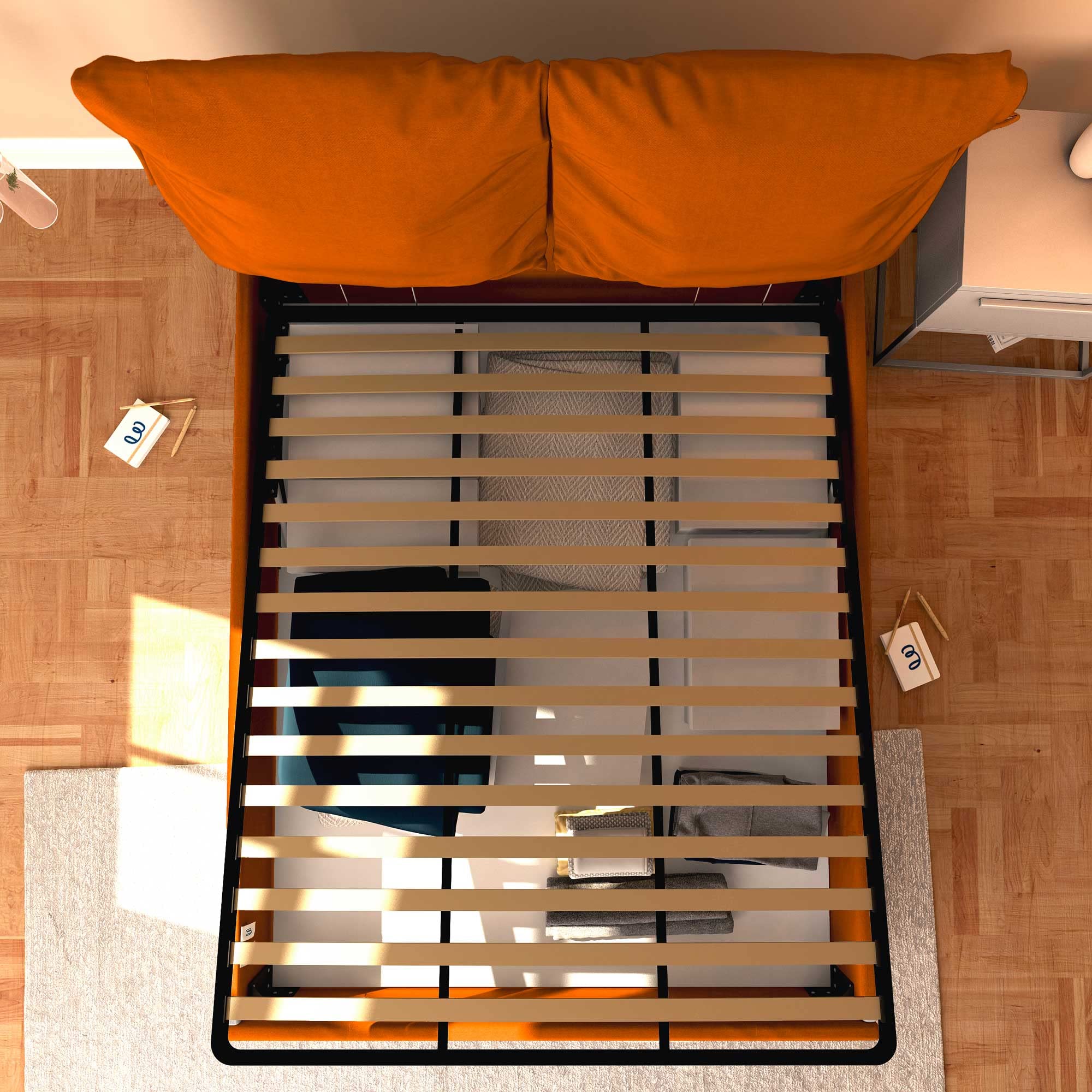 Baldiflex Single Bed with Storage - Licia Soft Synthetic Leather Upholstery, Slatted Base for Single Mattresses, 140 x 200 cm, Padded Headboard in Orange - Perfect for Small Bedrooms, Guest Rooms & Studio Apartments