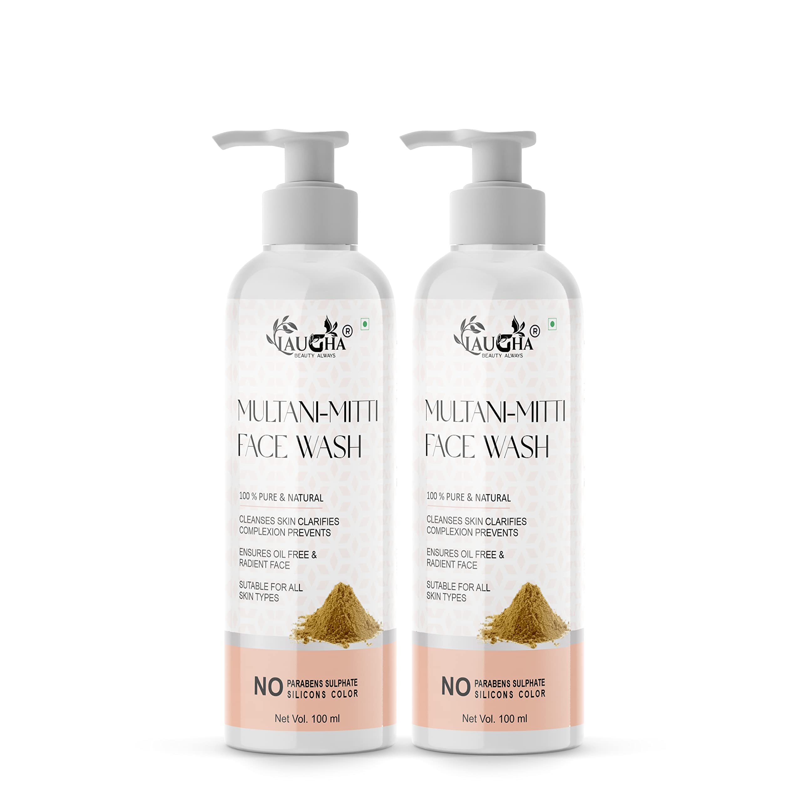 Laugha Multani Mitti Face Wash for Oily Skin - Deep Cleansing, Acne & Pimple Control, Reduces Excess Oil - Suitable for All Skin Types (Pack of 2 x 200ml) - Perfect for Daily Skincare Routine & Deep Pore Cleansing