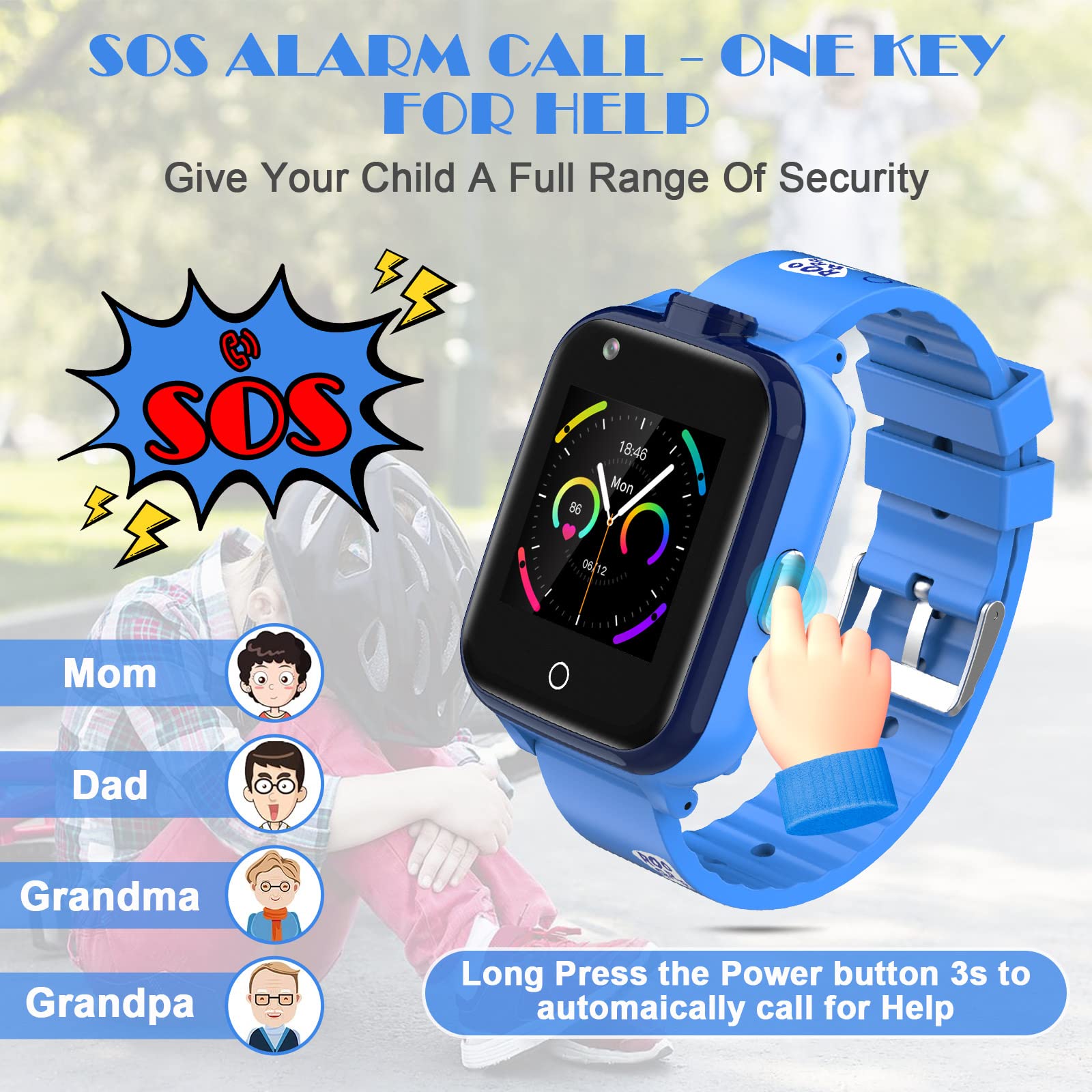 **4G GPS Smart Watch for Kids - Waterproof Children's Tracker with Dual Camera, Call/SOS, 2 Cartoon Straps - Perfect Birthday & Christmas Gift for Boys & Girls Ages 3-12 (Blue) - Ideal for School Safety, Outdoor Adventures & Parental Monitoring**