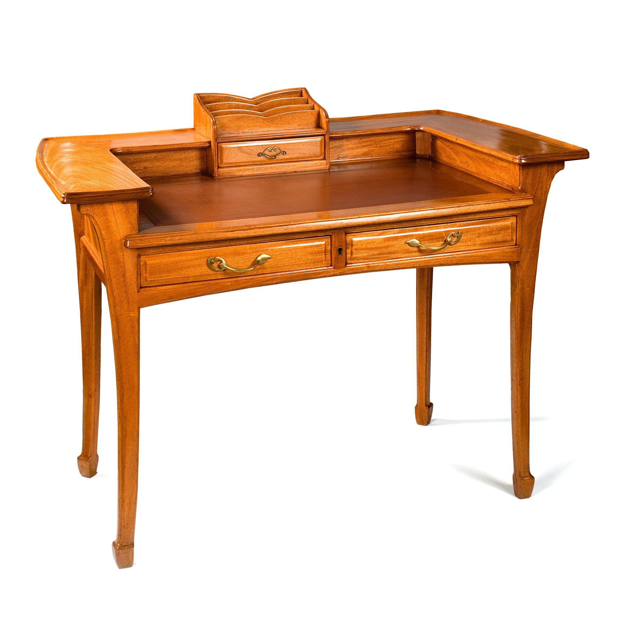 Antique École de Nancy Mahogany Leather Writing Desk - Vintage French Art Nouveau Office Furniture for Study & Home Library Decor