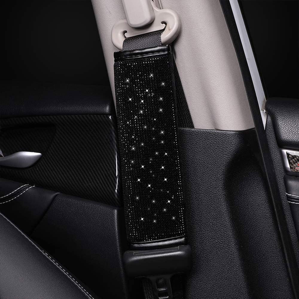 2PCS Crystal Diamond Car Seat Belt Covers - Soft Shoulder Pads for Women & Girls (Black) | Comfortable Driving Accessories for Daily Commute & Road Trips