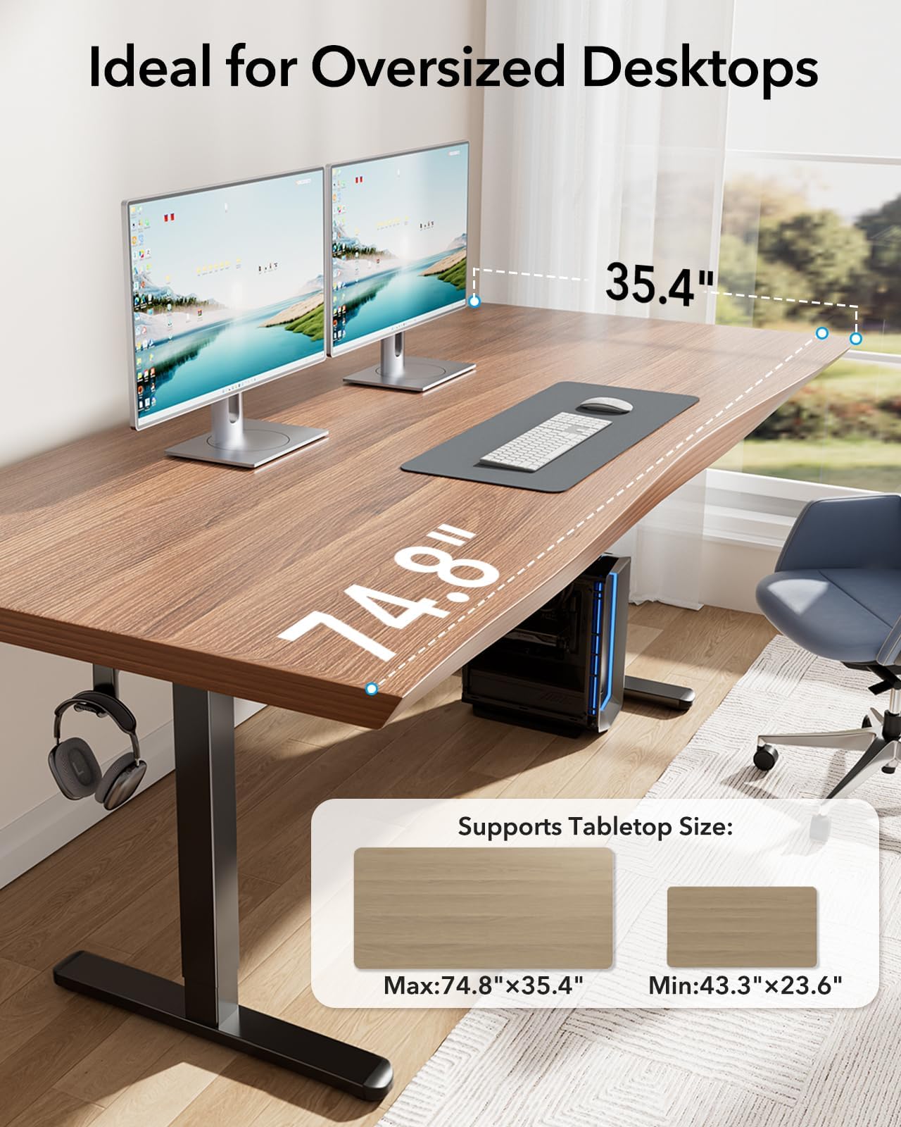 HUANUO Electric Standing Desk Frame - 220lbs Heavy Duty, Brushless Motor, T-Shaped Adjustable Legs, Automotive-Grade Steel, Fits 75