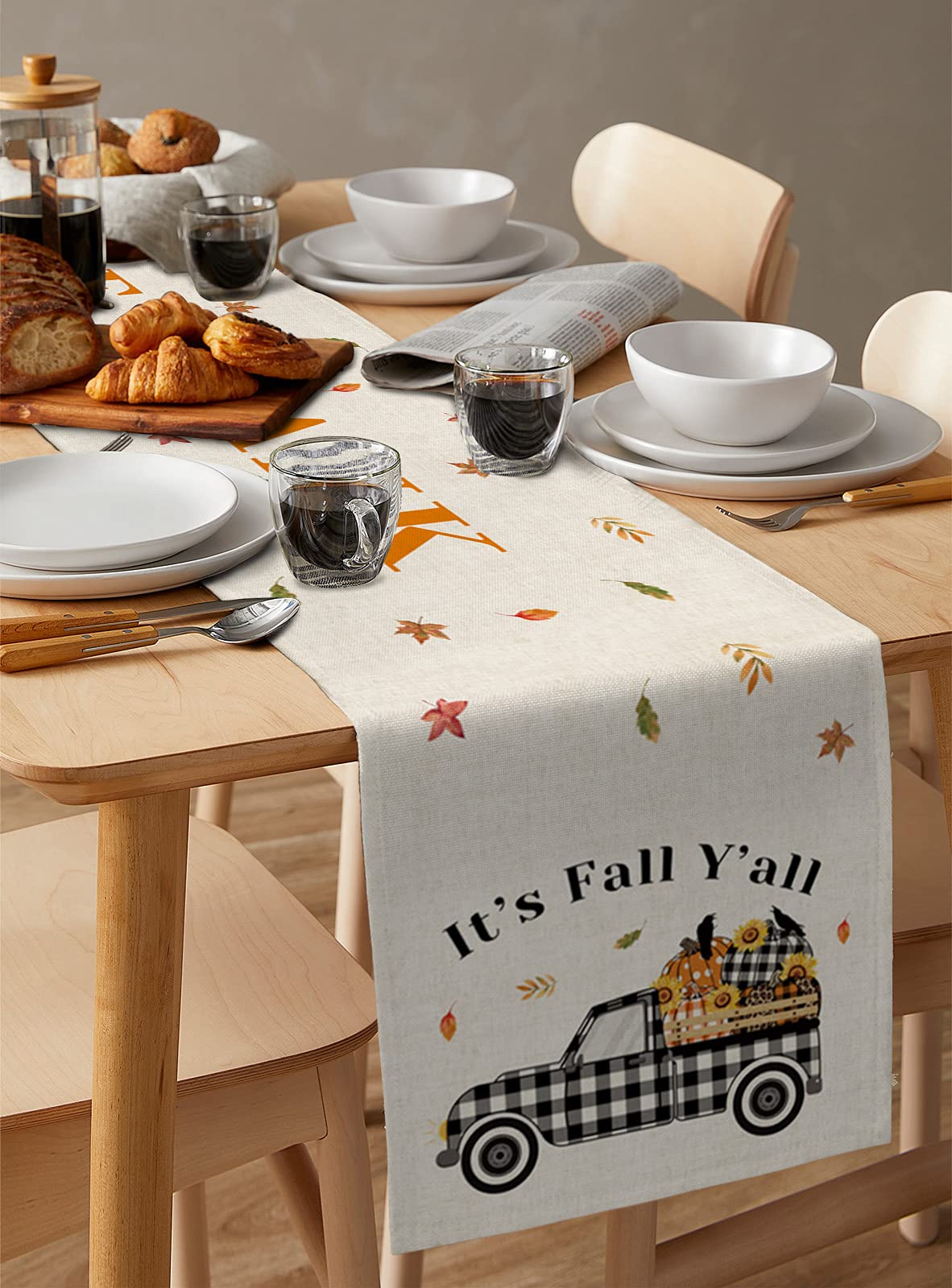 72 Inch Washable Pumpkin Truck Thanksgiving Table Runner - Fall Decor for Round, Kitchen, Coffee & Dining Tables - Perfect for Autumn, Halloween & Holiday Gatherings