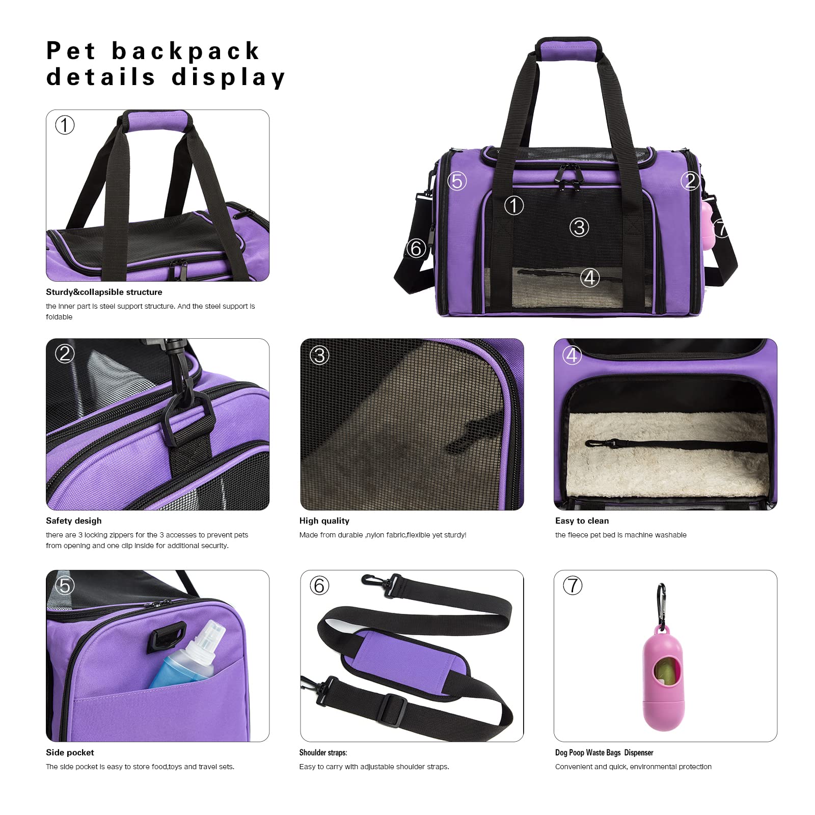 Airline Approved Collapsible Soft-Sided Pet Carrier for Small & Medium Cats & Dogs Up to 15 lbs - Purple Travel Cat Bag & Dog Carrier for Airplane, Car, Vet Visits & Outdoor Adventures
