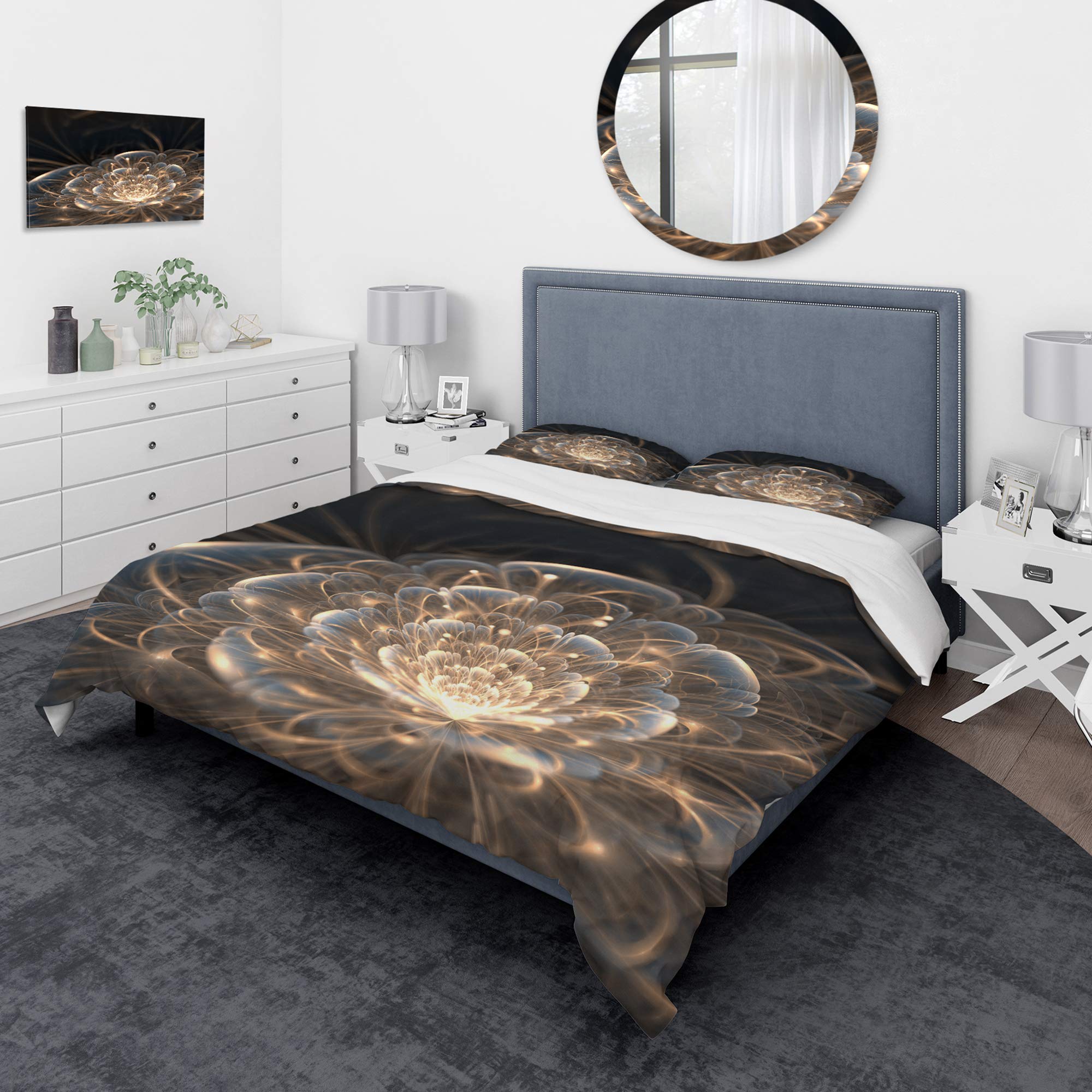 Golden Floral Duvet Cover Set King - Coastal Bedding for All Seasons